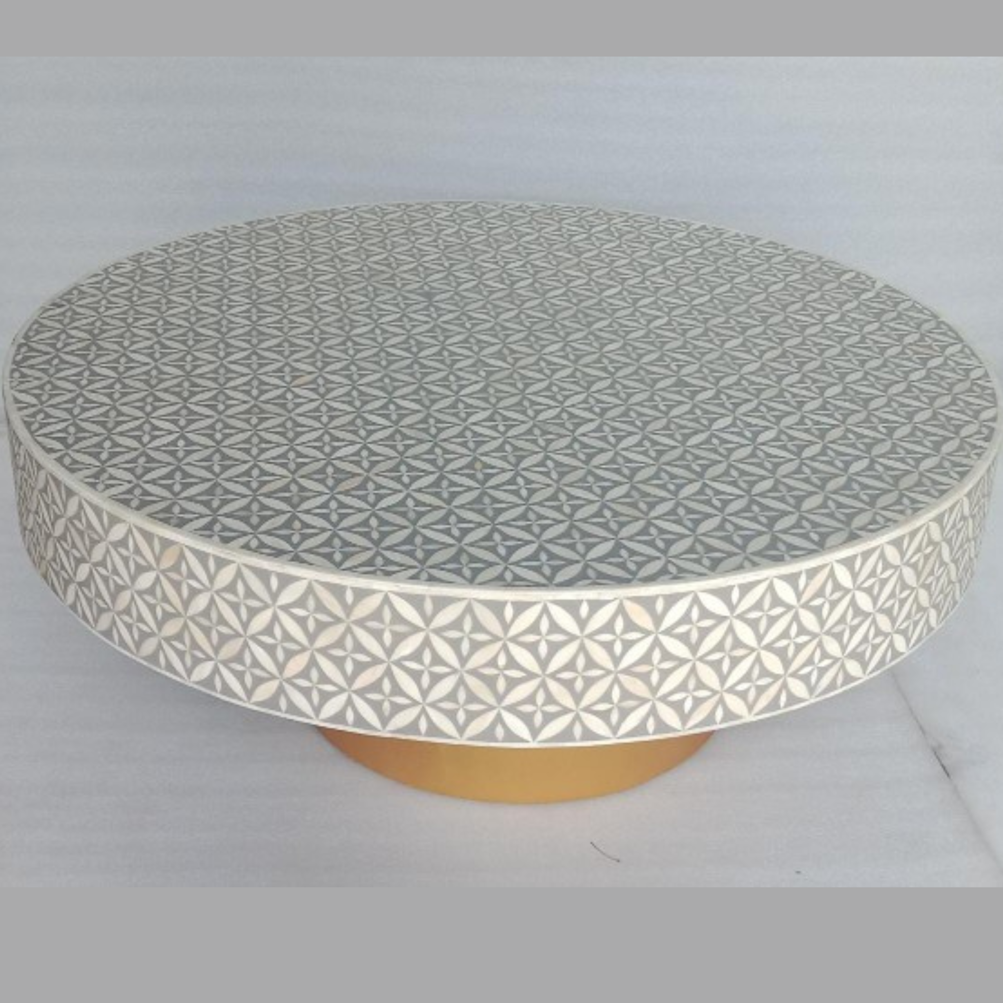 Grey & White Bone Inlay Round Coffee Table with Brass Base – Handmade Luxury Center Table