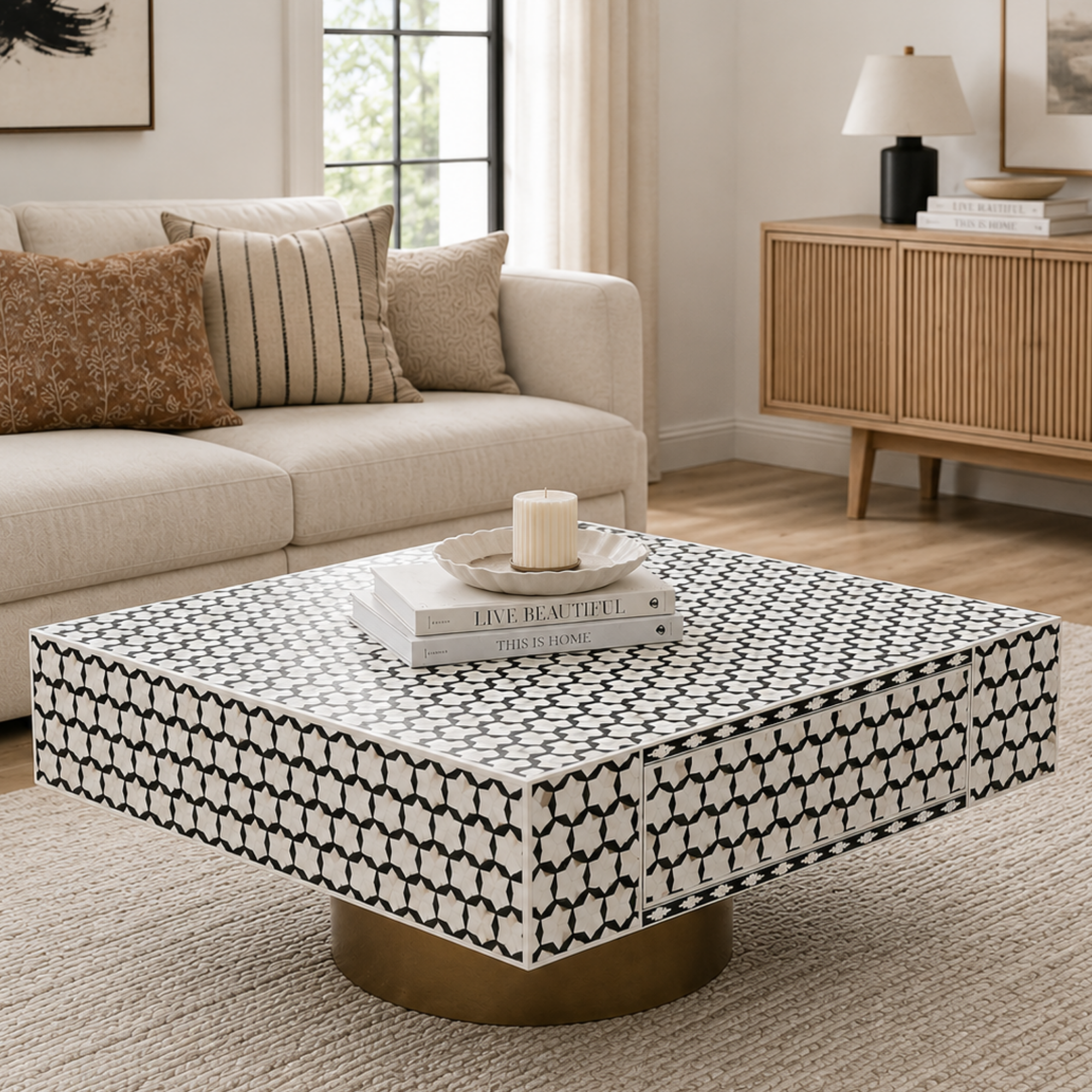 Handmade Black White Bone Inlay Coffee Table, Geometric Coffee Table, Luxury Square Coffee Table, Living Room Furniture