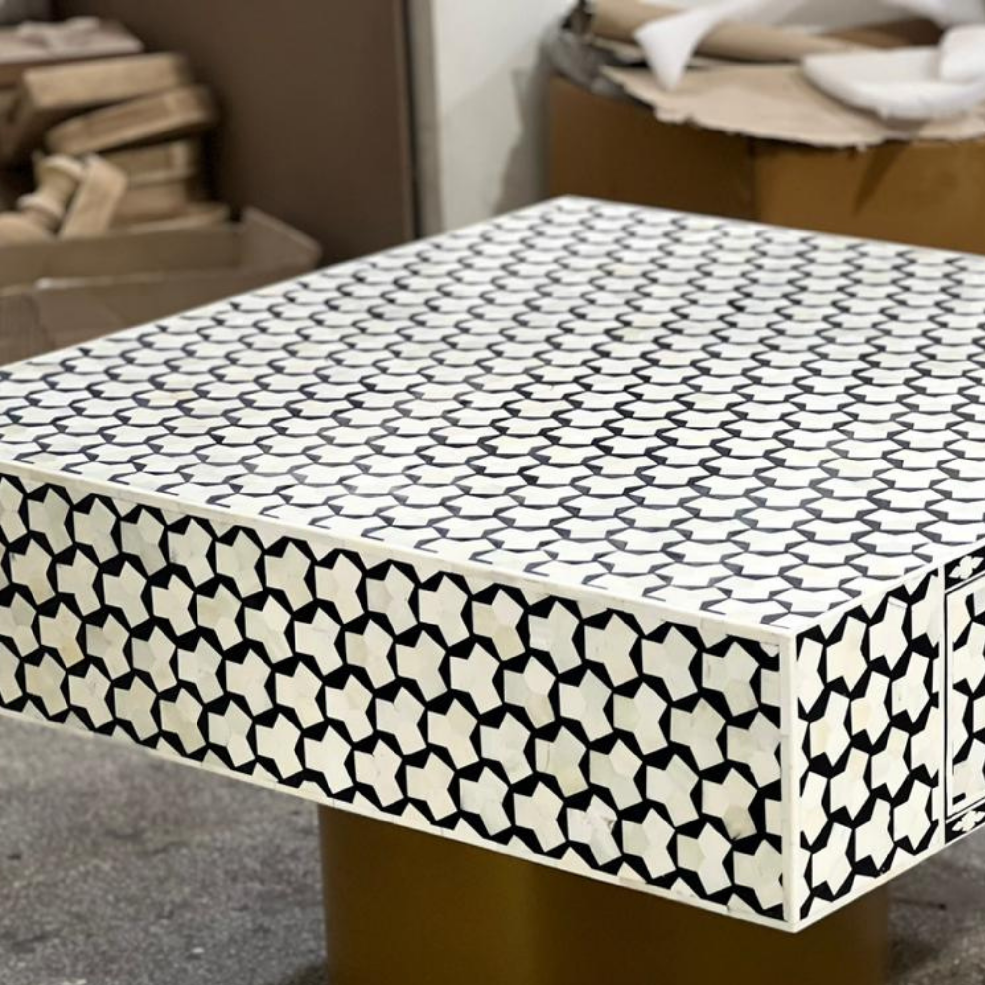 Handmade Black White Bone Inlay Coffee Table, Geometric Coffee Table, Luxury Square Coffee Table, Living Room Furniture
