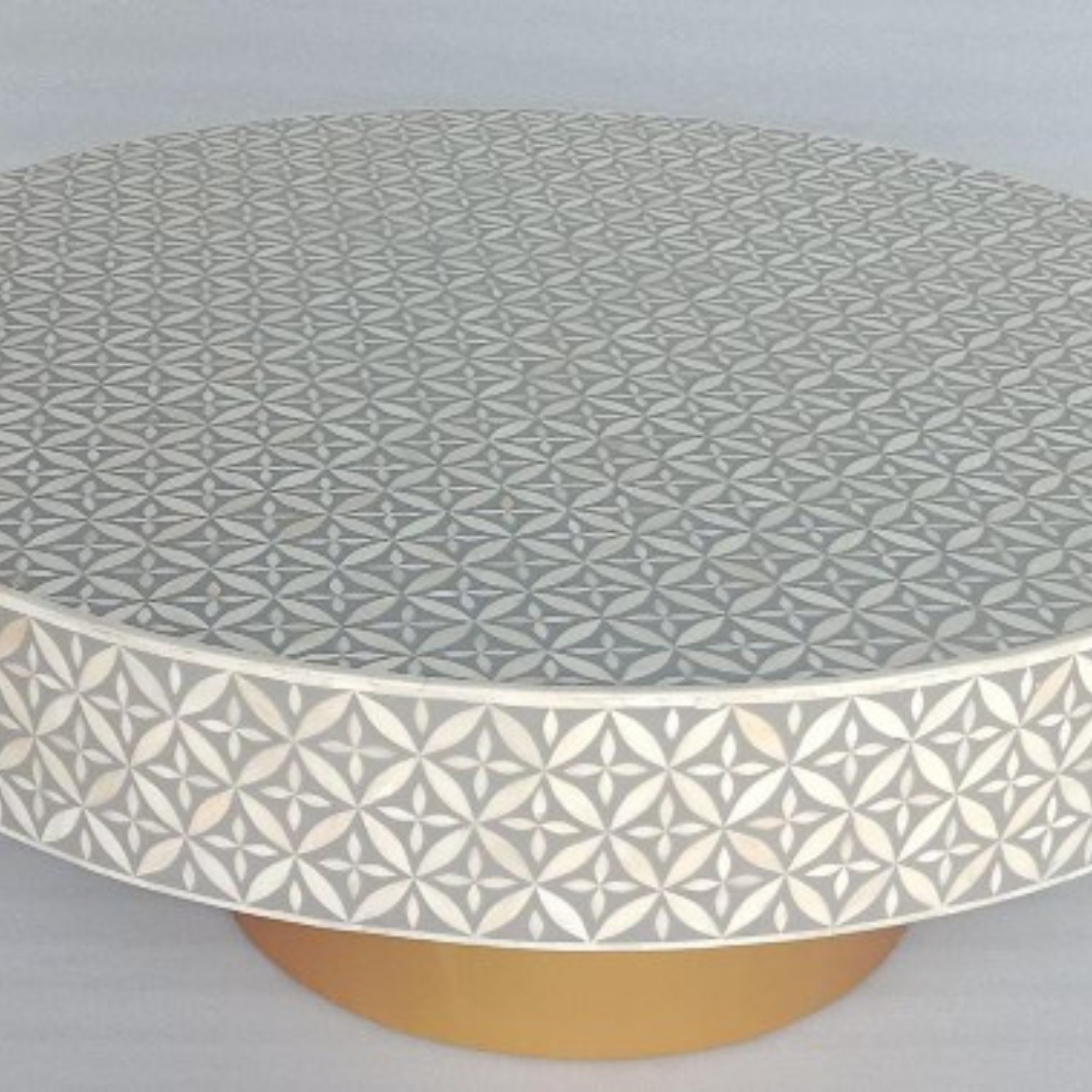 Grey & White Bone Inlay Round Coffee Table with Brass Base – Handmade Luxury Center Table