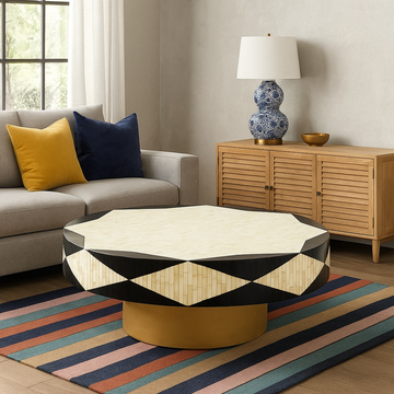 Handmade Bone Inlay Coffee Table – Modern Geometric Black & White Center Table, Luxury Living Room Furniture, Artisan Resin Inlay Table