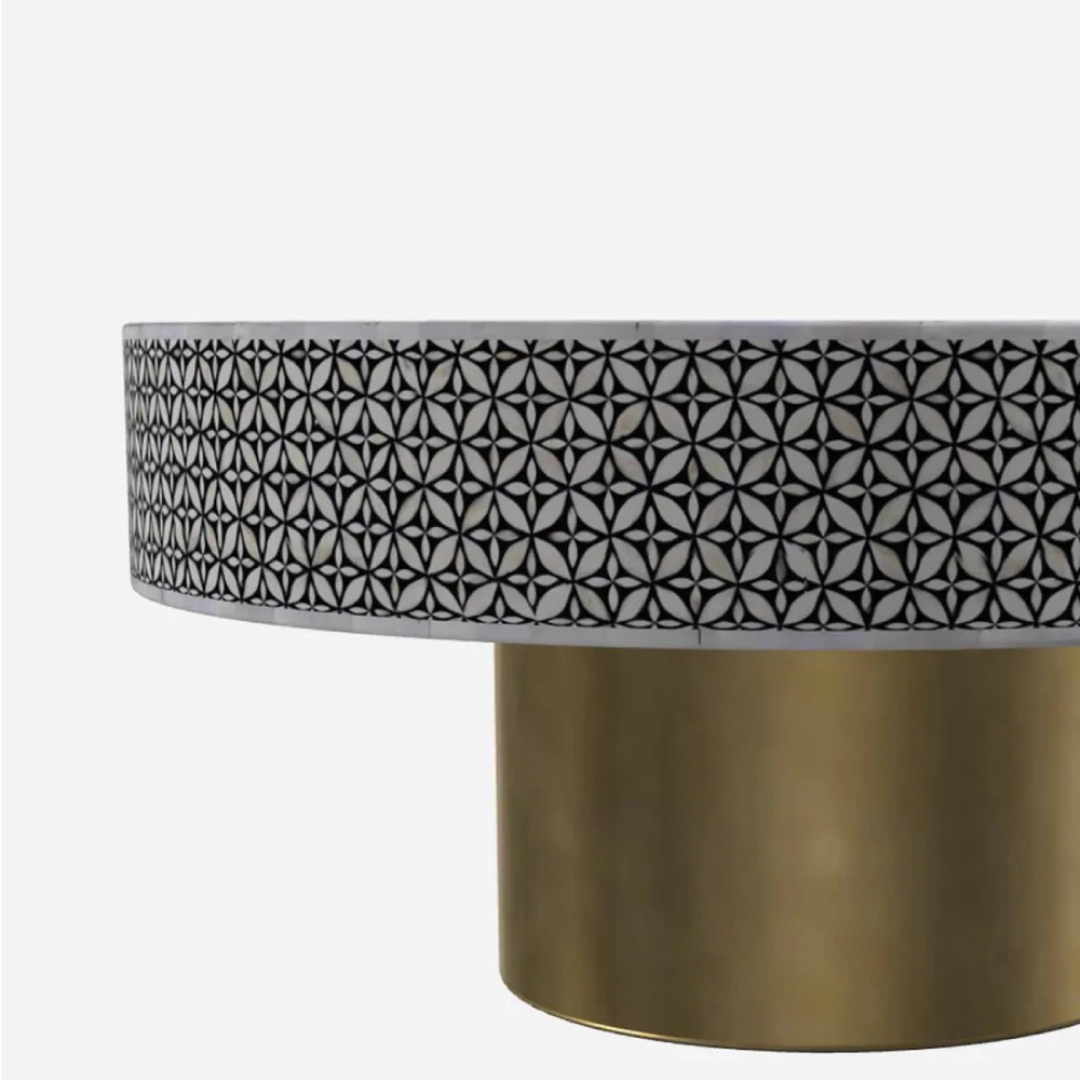 Handmade Bone Inlay Round Coffee Table Black White Micro Floral Geometric Pattern Luxury Center Table