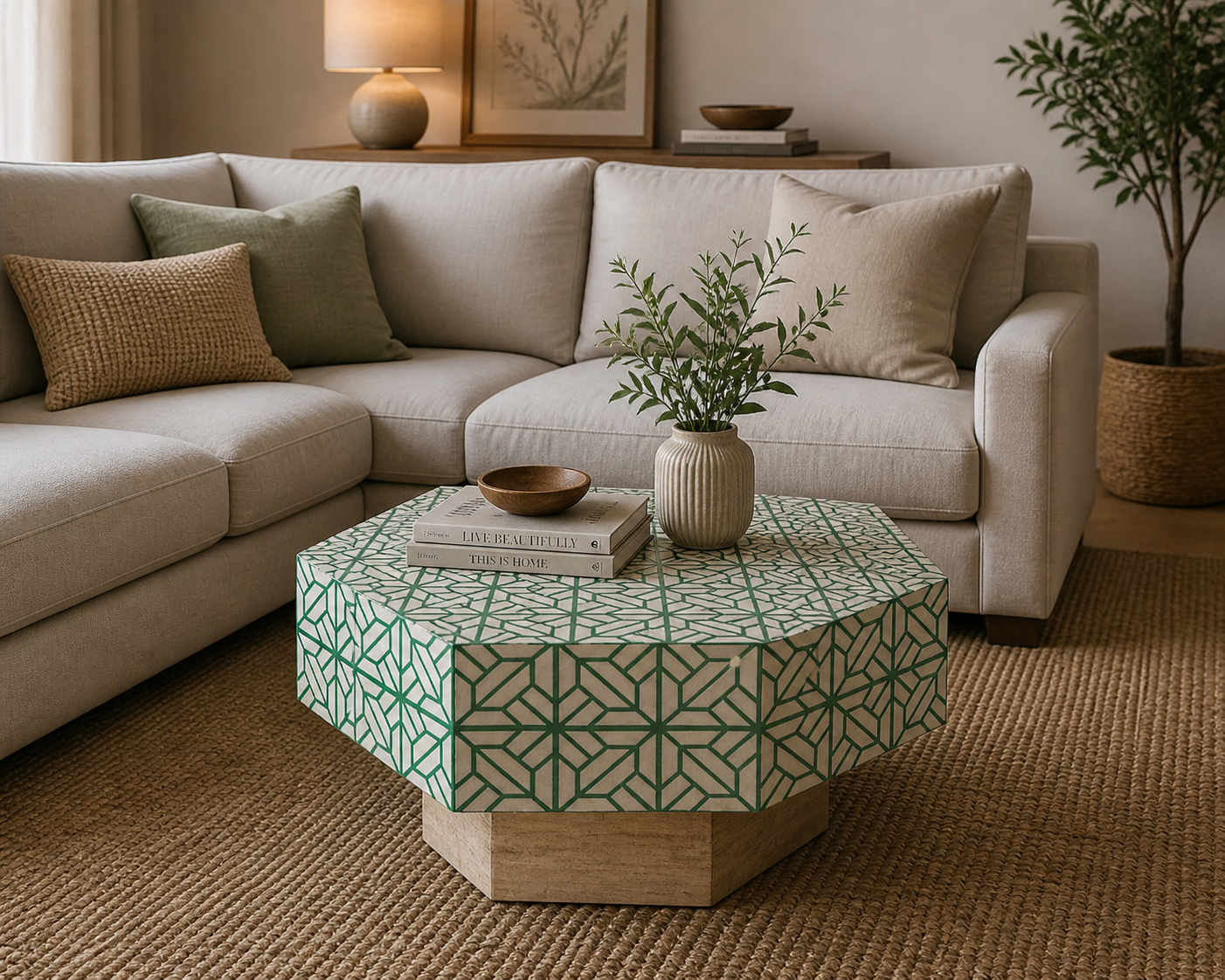 Handmade Bone Inlay Coffee Table Green Geometric Line Pattern Modern Luxury Center Table