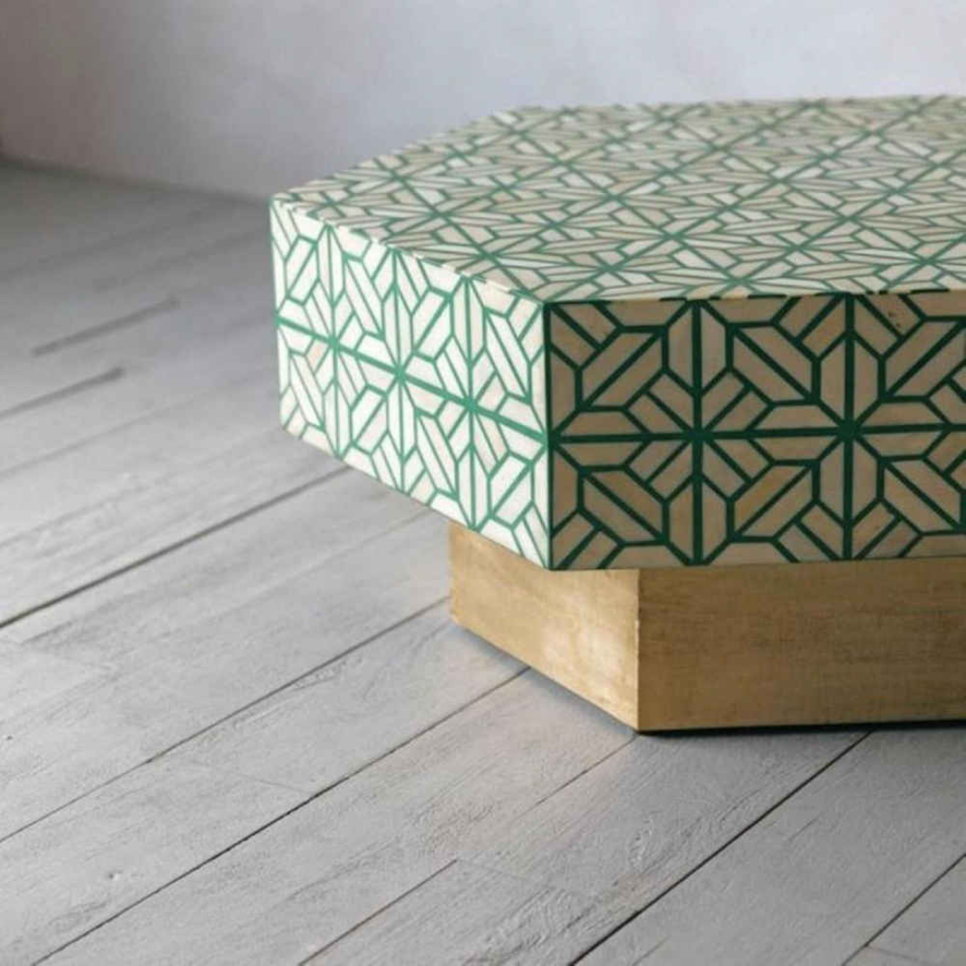 Handmade Bone Inlay Coffee Table Green Geometric Line Pattern Modern Luxury Center Table