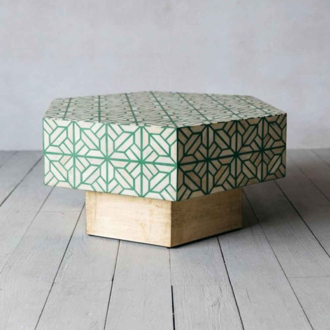 Handmade Bone Inlay Coffee Table Green Geometric Line Pattern Modern Luxury Center Table