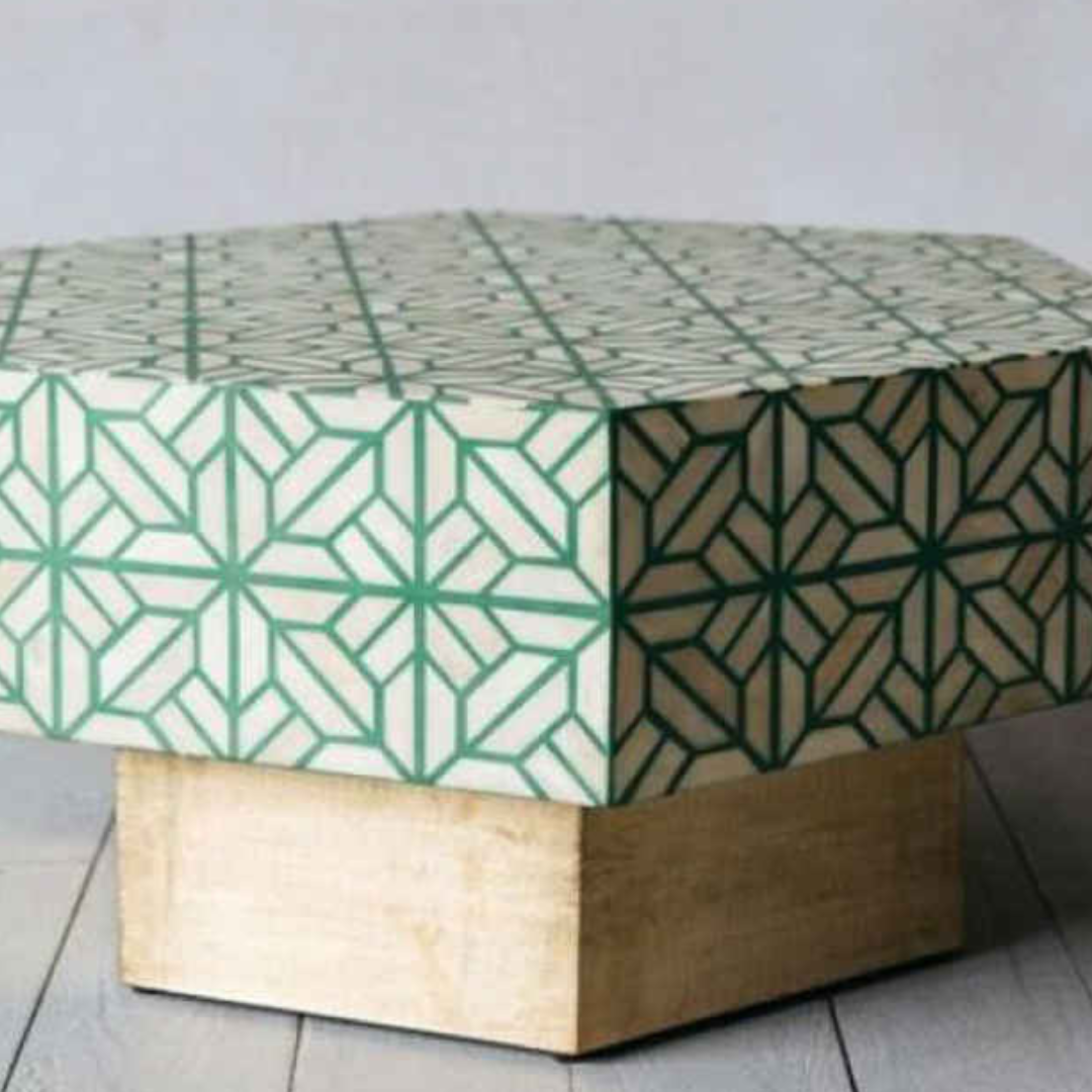 Handmade Bone Inlay Coffee Table Green Geometric Line Pattern Modern Luxury Center Table