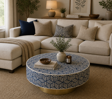 Handmade Bone Inlay Round Coffee Table Blue White 3D Cube Geometric Pattern Luxury Center Table