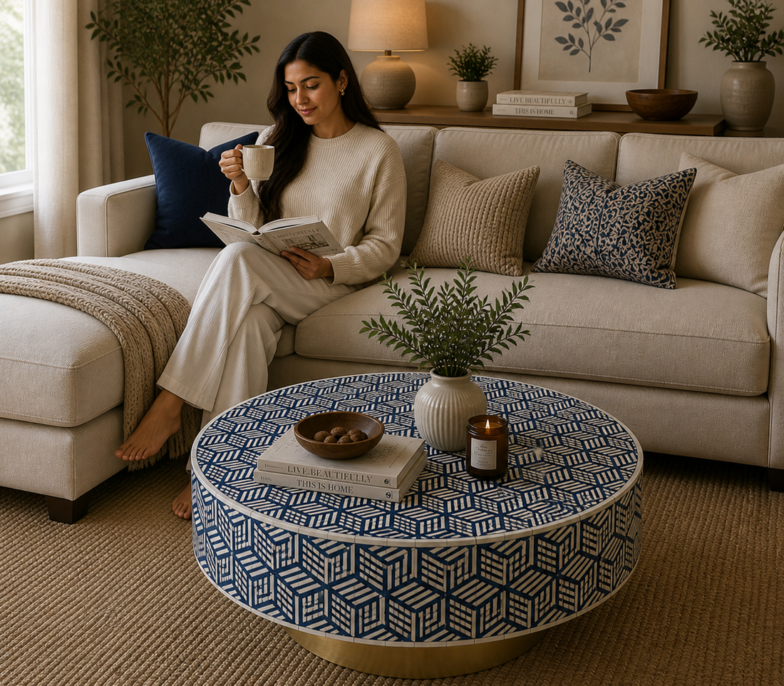 Handmade Bone Inlay Round Coffee Table Blue White 3D Cube Geometric Pattern Luxury Center Table