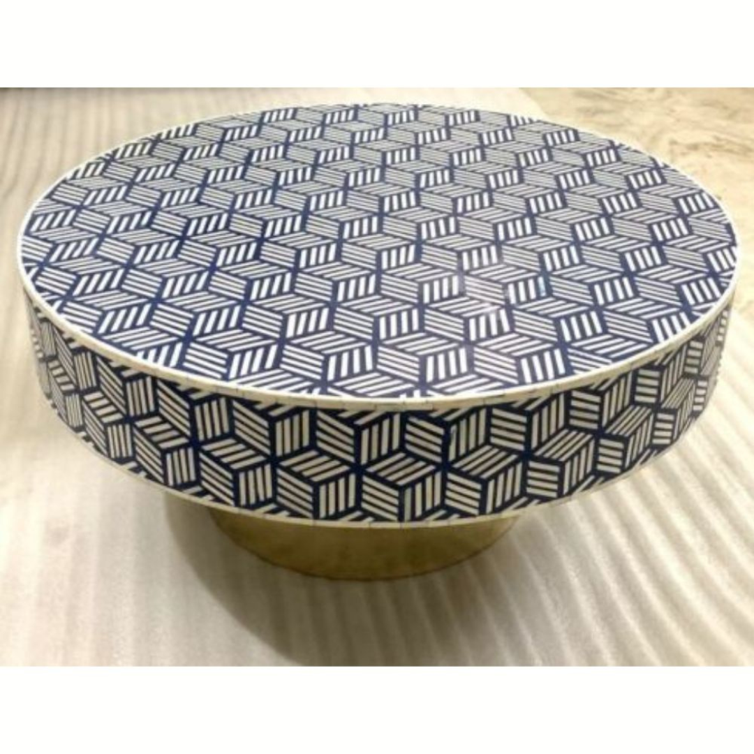 Handmade Bone Inlay Round Coffee Table Blue White 3D Cube Geometric Pattern Luxury Center Table
