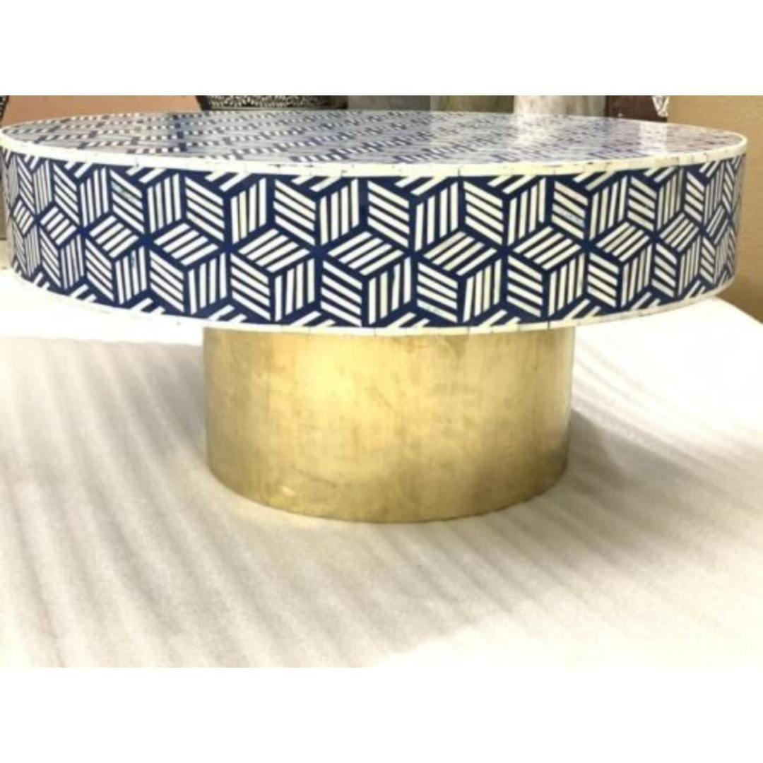 Handmade Bone Inlay Round Coffee Table Blue White 3D Cube Geometric Pattern Luxury Center Table