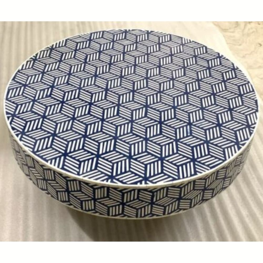 Handmade Bone Inlay Round Coffee Table Blue White 3D Cube Geometric Pattern Luxury Center Table