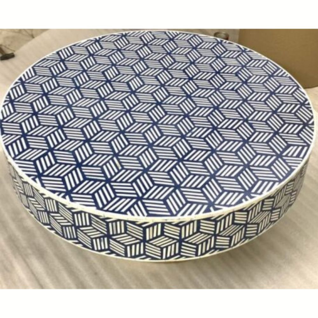 Handmade Bone Inlay Round Coffee Table Blue White 3D Cube Geometric Pattern Luxury Center Table