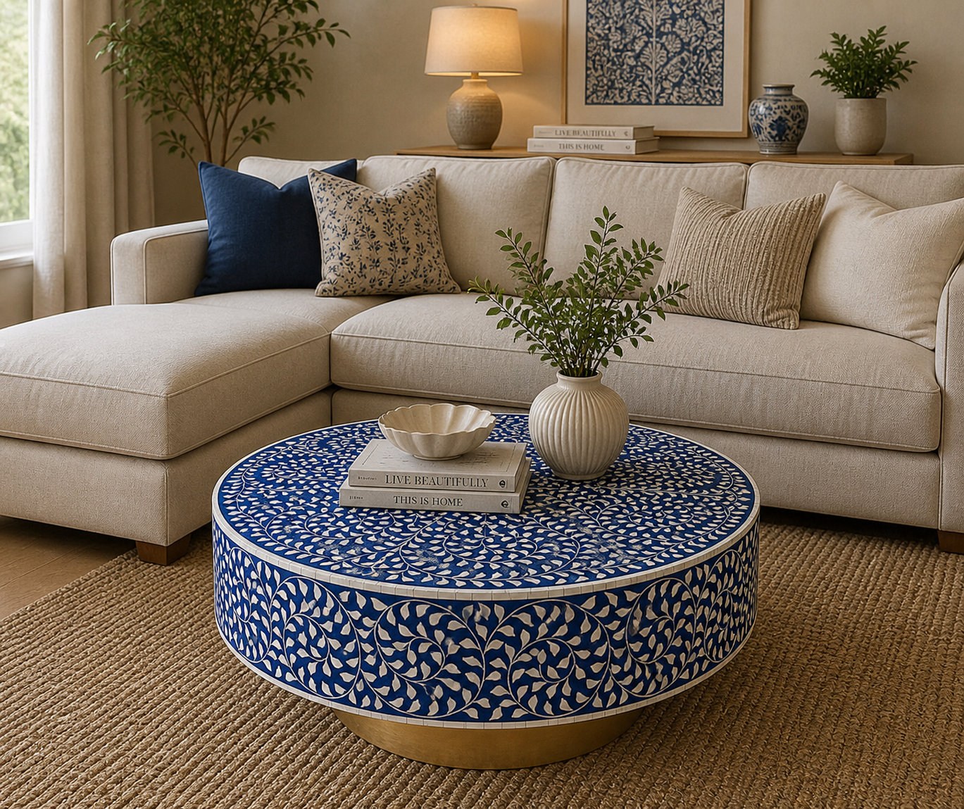 Handmade Bone Inlay Round Coffee Table Blue Floral Vine Pattern Mughal Design Luxury Center Table