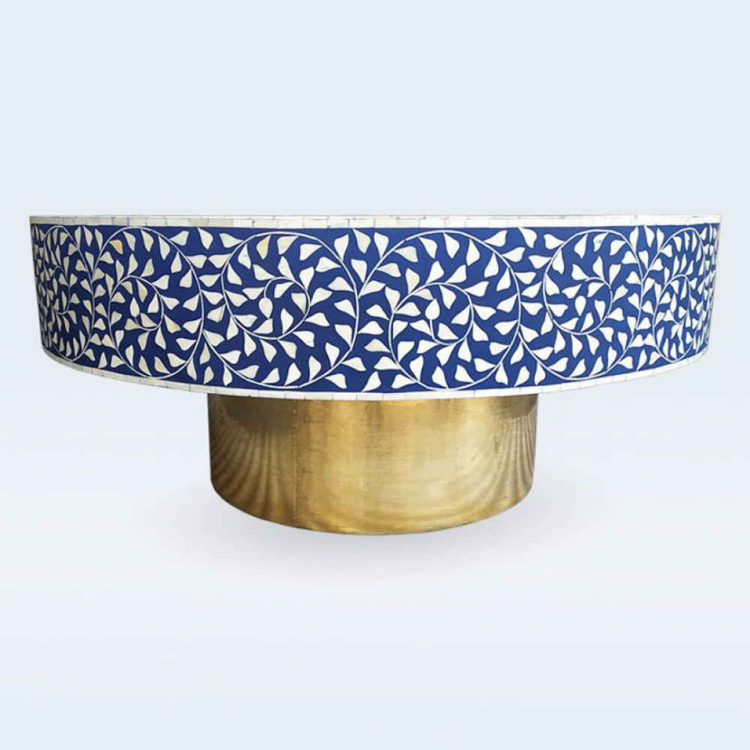 Handmade Bone Inlay Round Coffee Table Blue Floral Vine Pattern Mughal Design Luxury Center Table