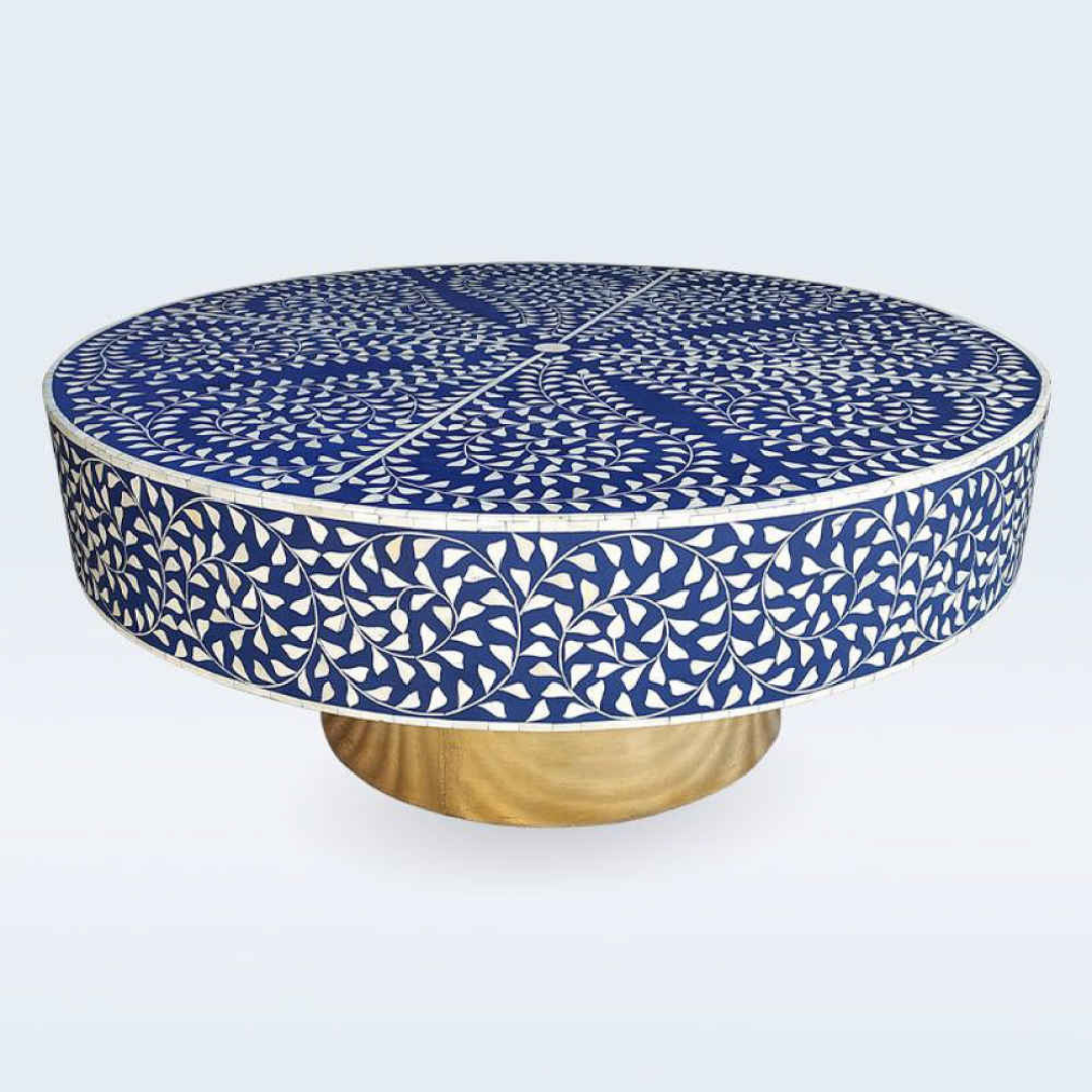 Handmade Bone Inlay Round Coffee Table Blue Floral Vine Pattern Mughal Design Luxury Center Table