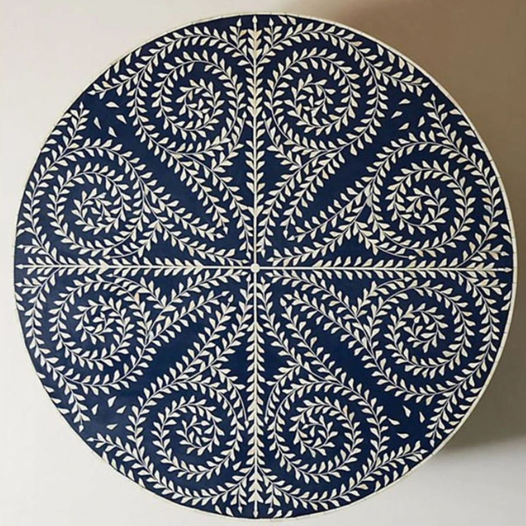 Handmade Bone Inlay Round Coffee Table Blue Floral Vine Pattern Mughal Design Luxury Center Table