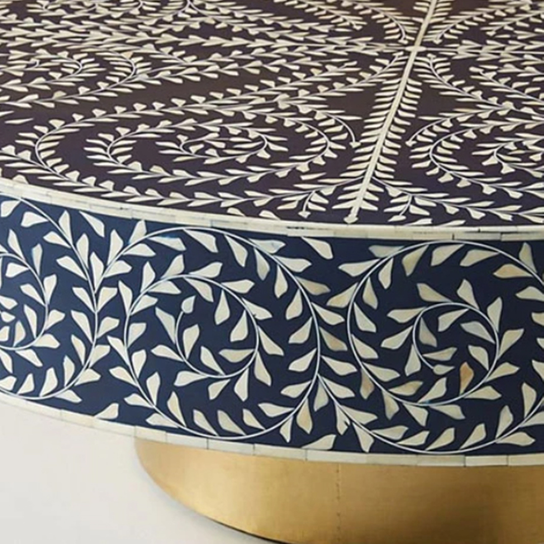 Handmade Bone Inlay Round Coffee Table Blue Floral Vine Pattern Mughal Design Luxury Center Table