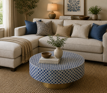 Handmade Bone Inlay Round Coffee Table Blue Moroccan Trellis Pattern Luxury Center Table