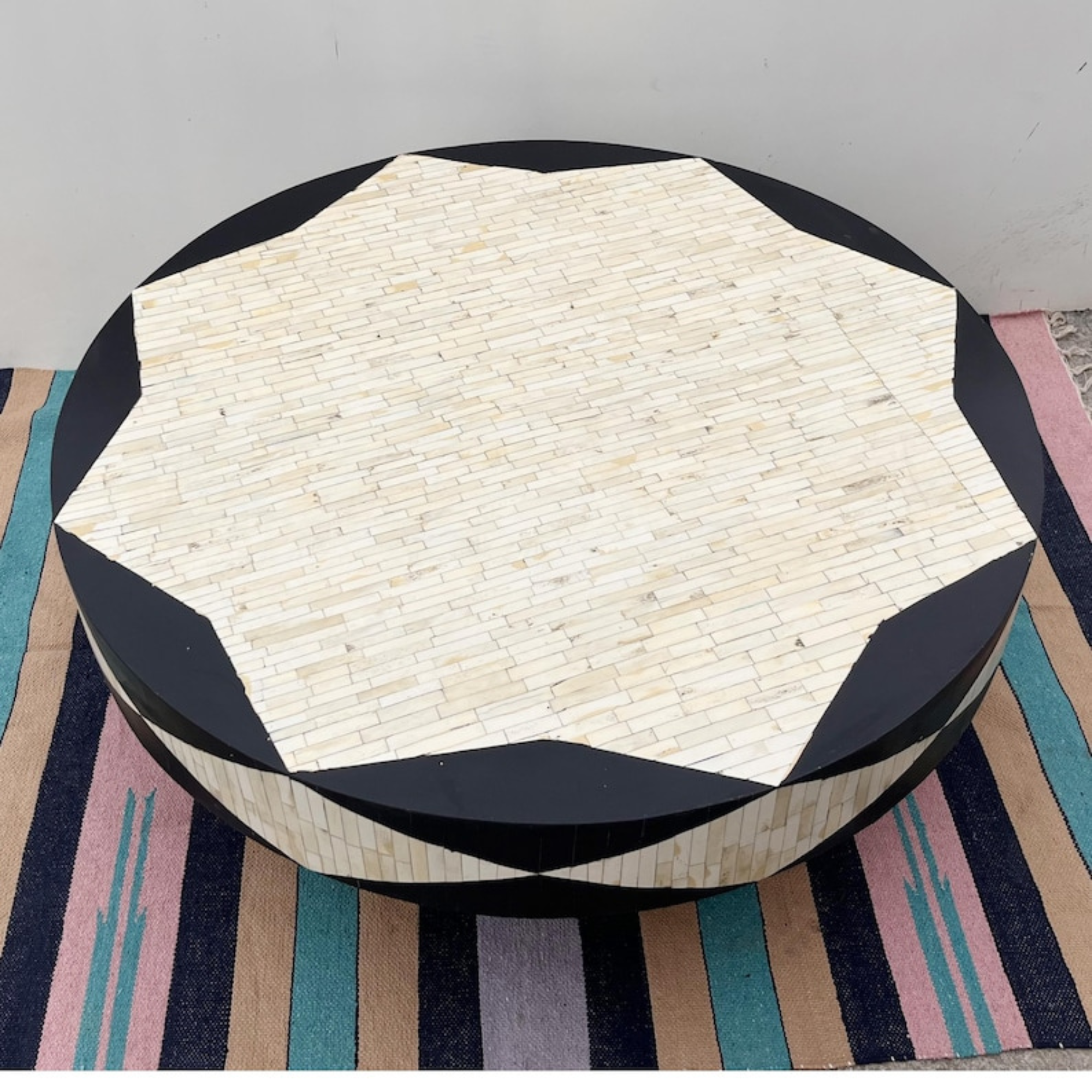 Handmade Bone Inlay Coffee Table – Modern Geometric Black & White Center Table, Luxury Living Room Furniture, Artisan Resin Inlay Table