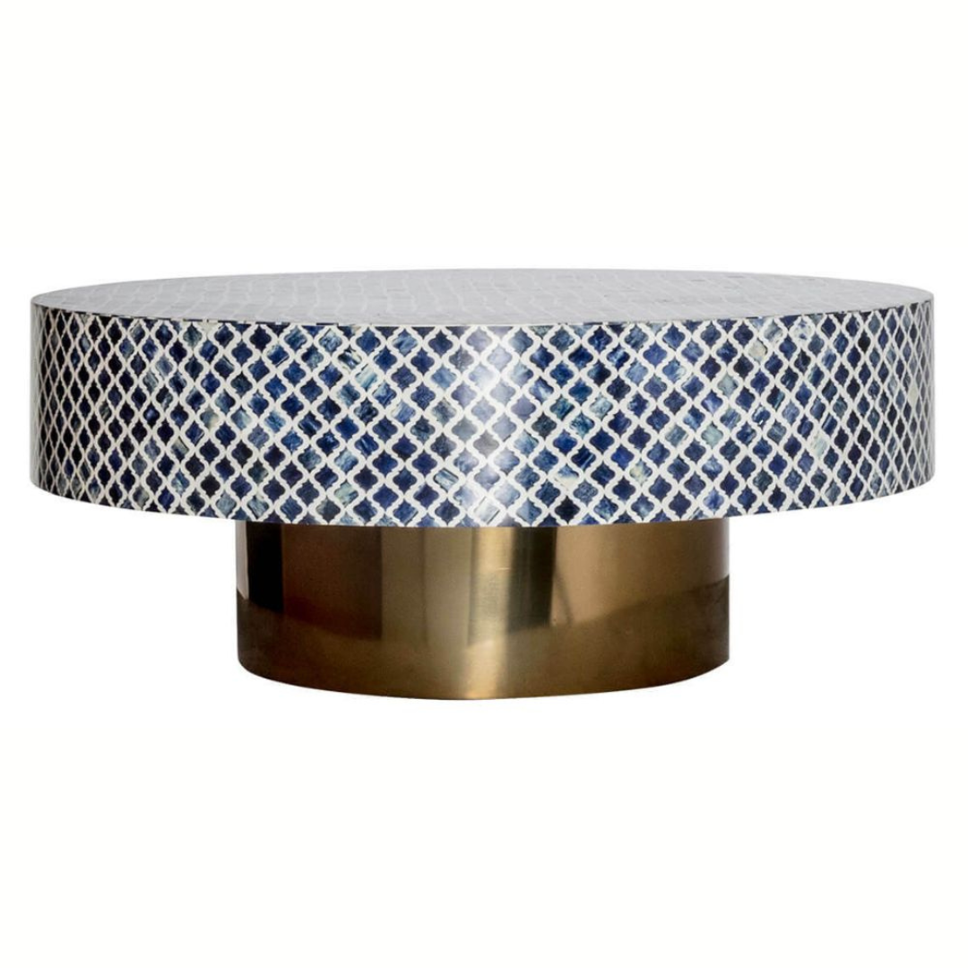 Handmade Bone Inlay Round Coffee Table Blue Moroccan Trellis Pattern Luxury Center Table
