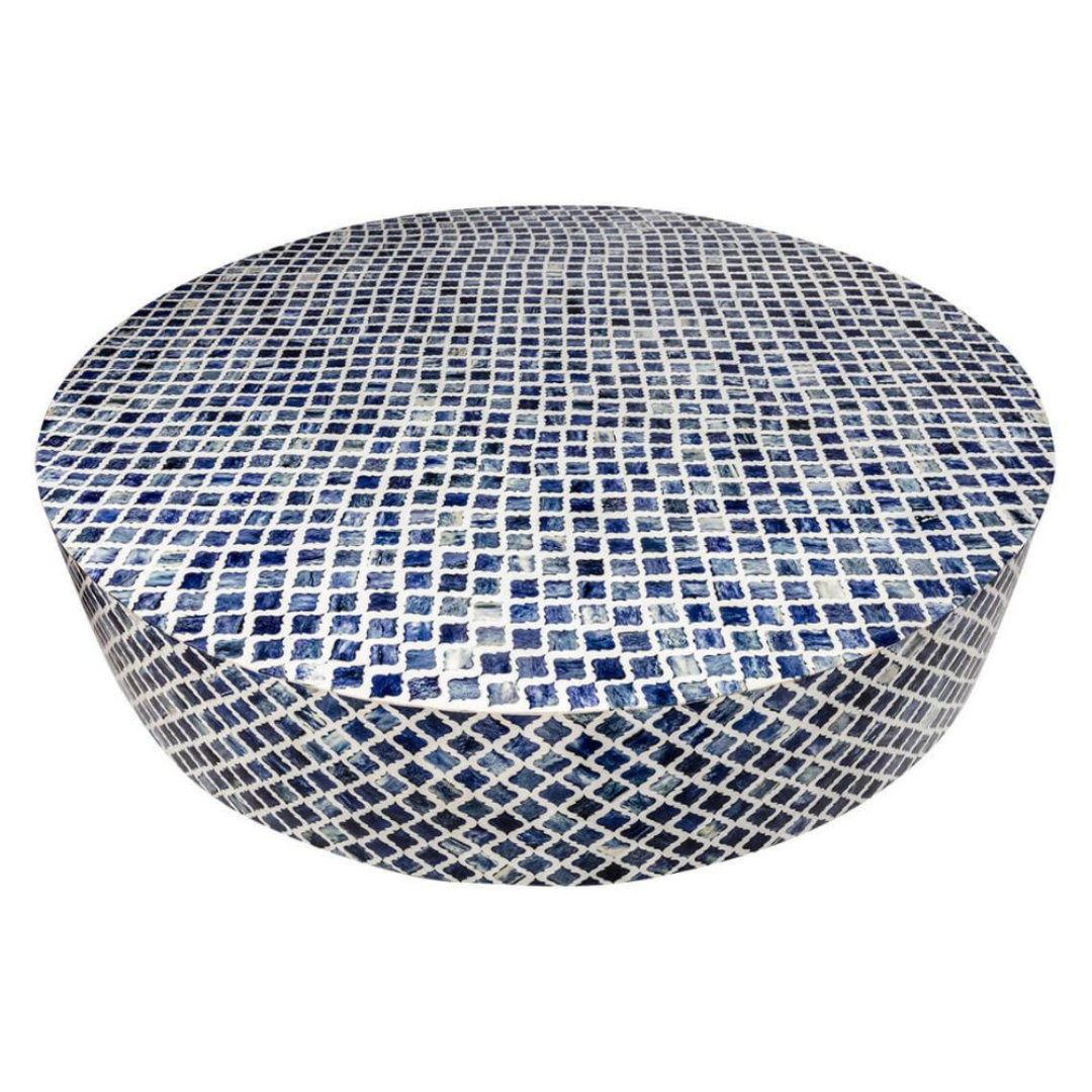 Handmade Bone Inlay Round Coffee Table Blue Moroccan Trellis Pattern Luxury Center Table