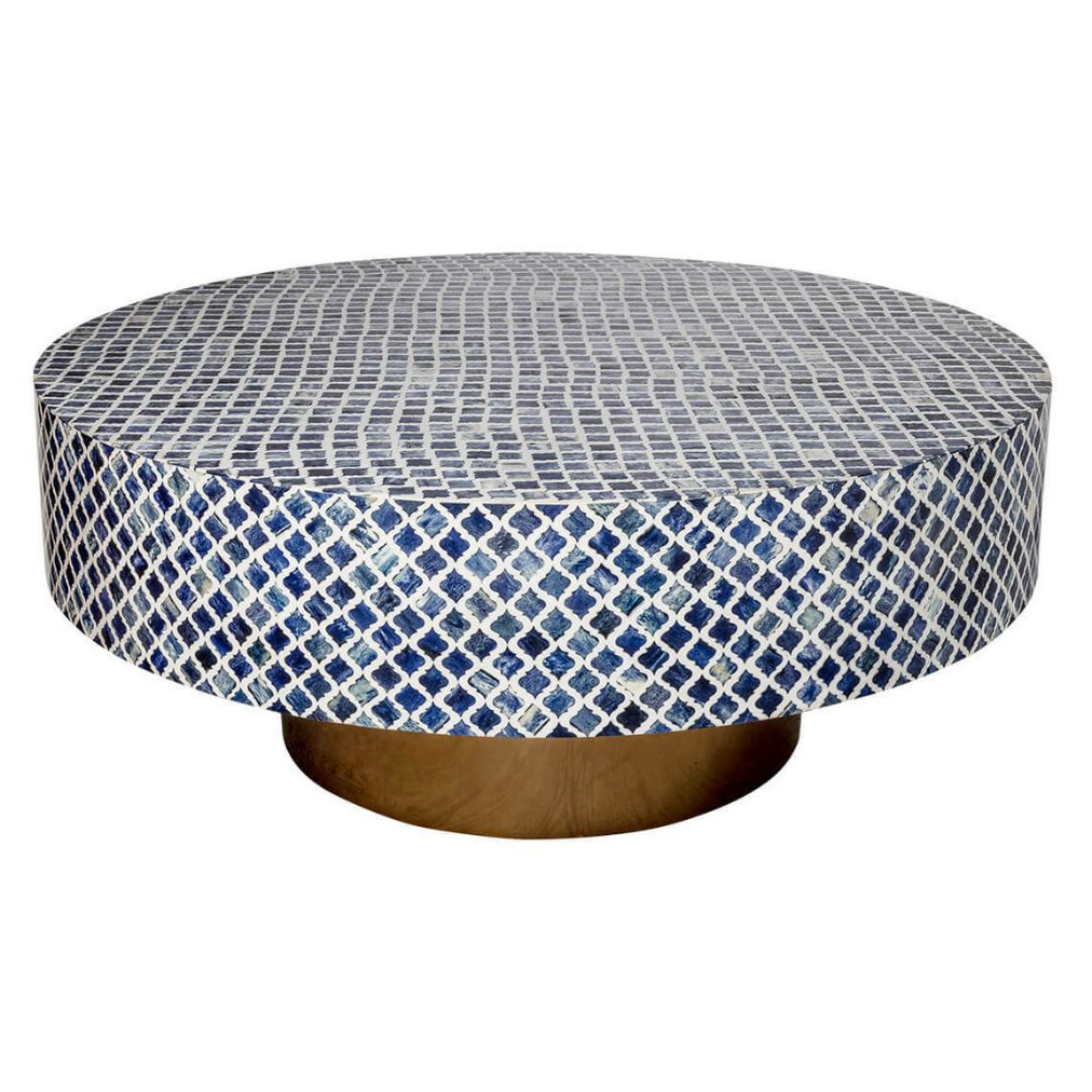 Handmade Bone Inlay Round Coffee Table Blue Moroccan Trellis Pattern Luxury Center Table