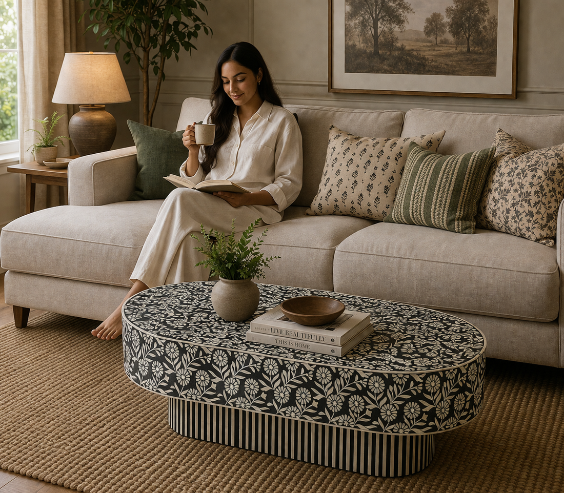 Handmade Bone Inlay Oval Coffee Table Black Floral Design with Striped Base Luxury Center Table