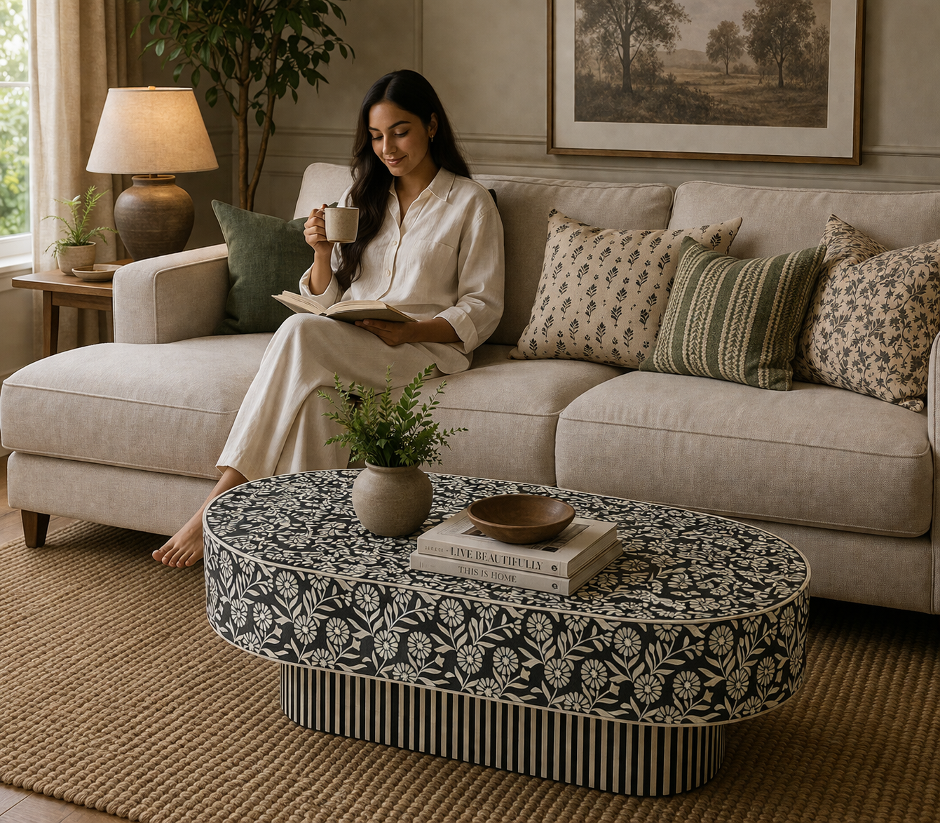 Handmade Bone Inlay Oval Coffee Table Black Floral Design with Striped Base Luxury Center Table