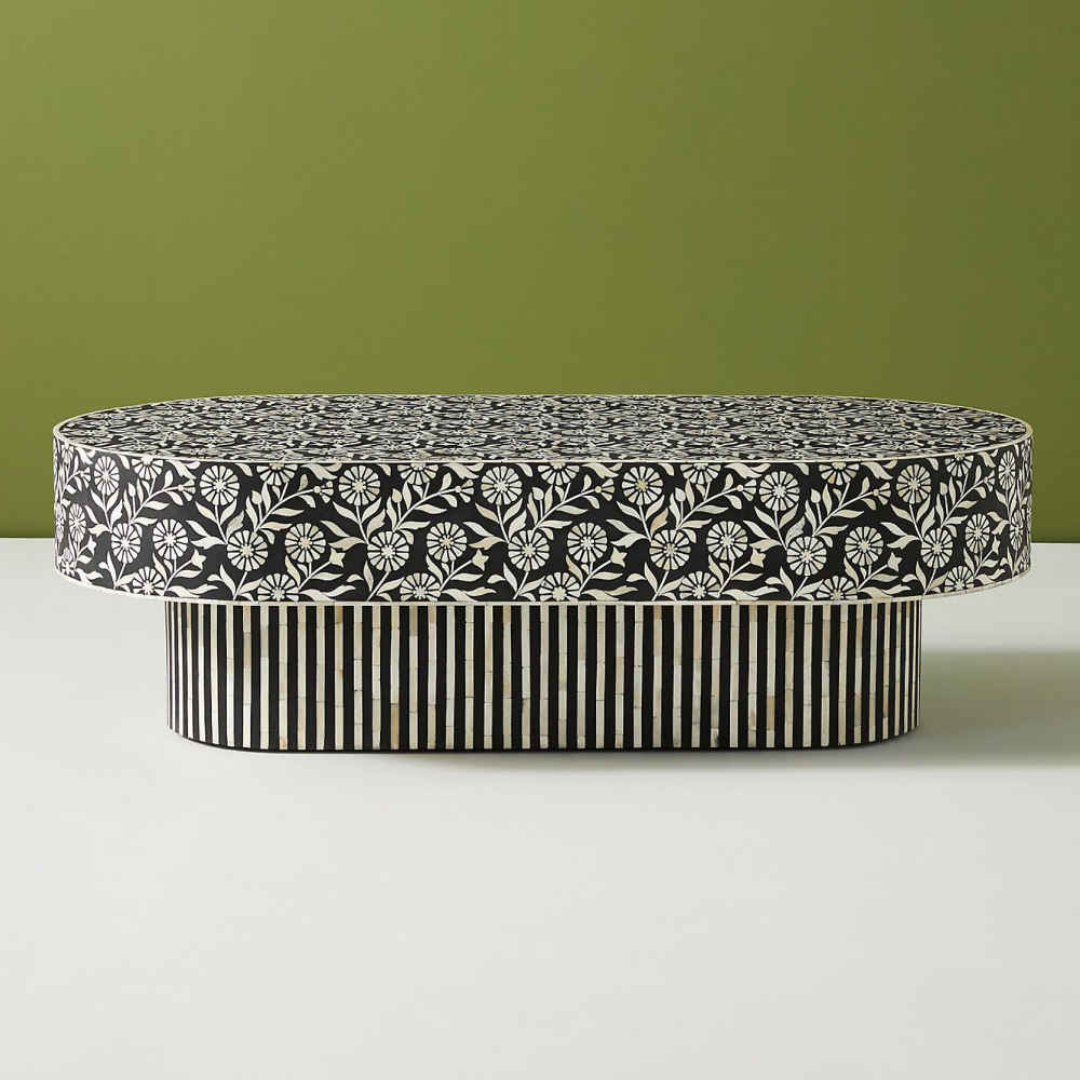 Handmade Bone Inlay Oval Coffee Table Black Floral Design with Striped Base Luxury Center Table
