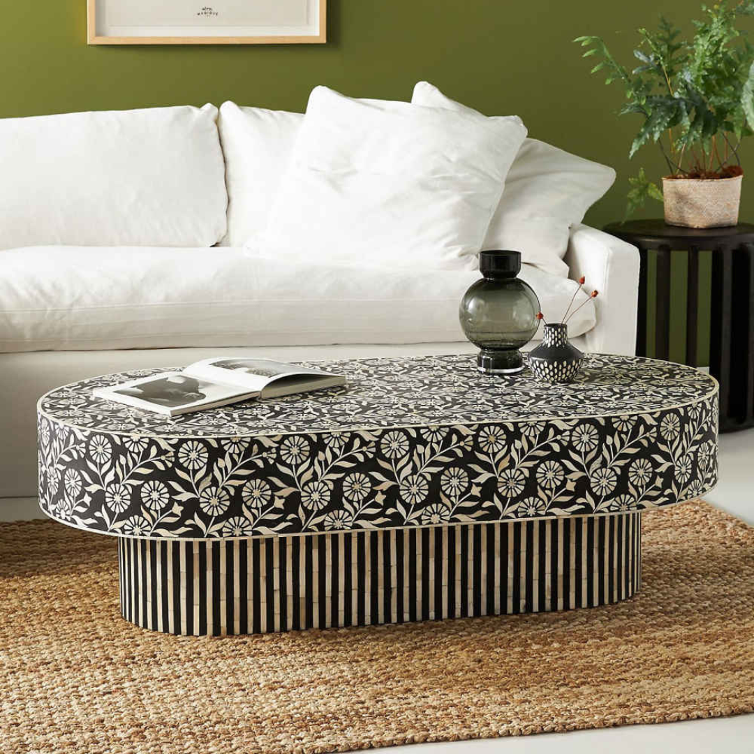 Handmade Bone Inlay Oval Coffee Table Black Floral Design with Striped Base Luxury Center Table