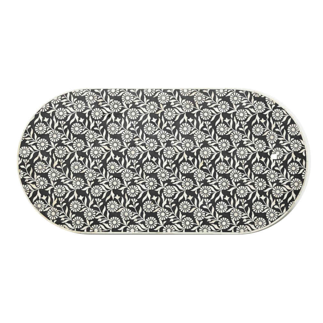 Handmade Bone Inlay Oval Coffee Table Black Floral Design with Striped Base Luxury Center Table