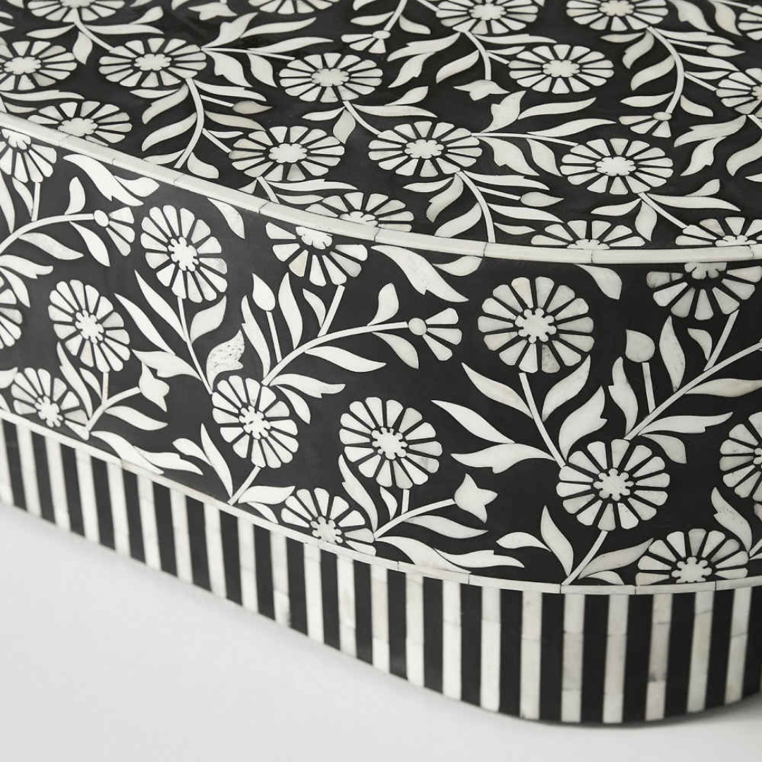 Handmade Bone Inlay Oval Coffee Table Black Floral Design with Striped Base Luxury Center Table