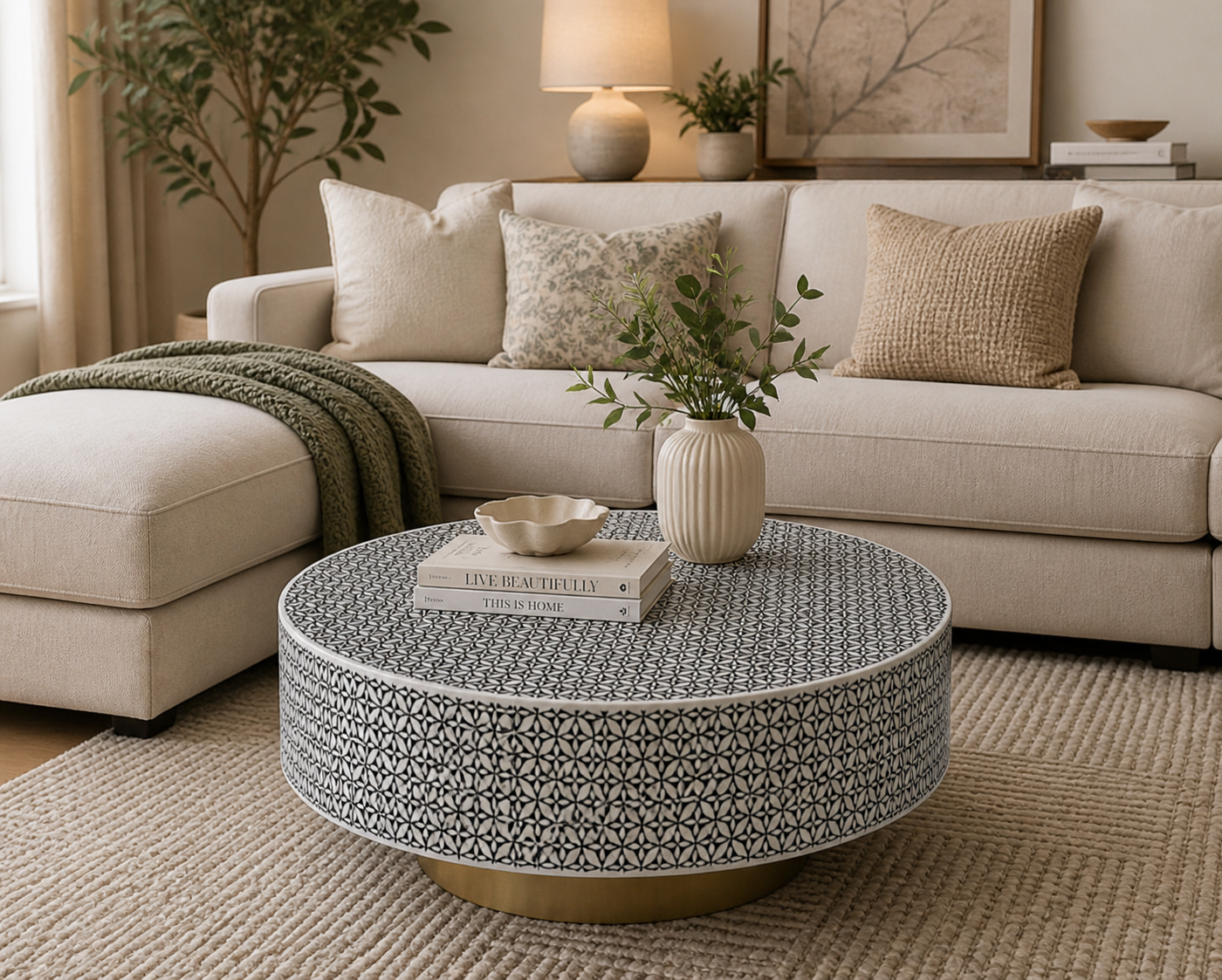 Handmade Bone Inlay Round Coffee Table Black White Micro Floral Geometric Pattern Luxury Center Table
