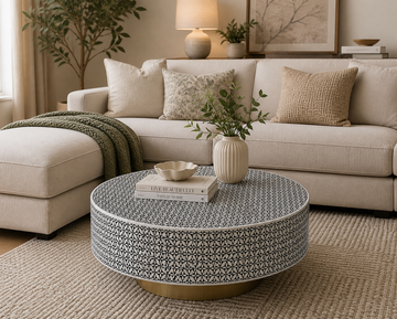 Handmade Bone Inlay Round Coffee Table Black White Micro Floral Geometric Pattern Luxury Center Table