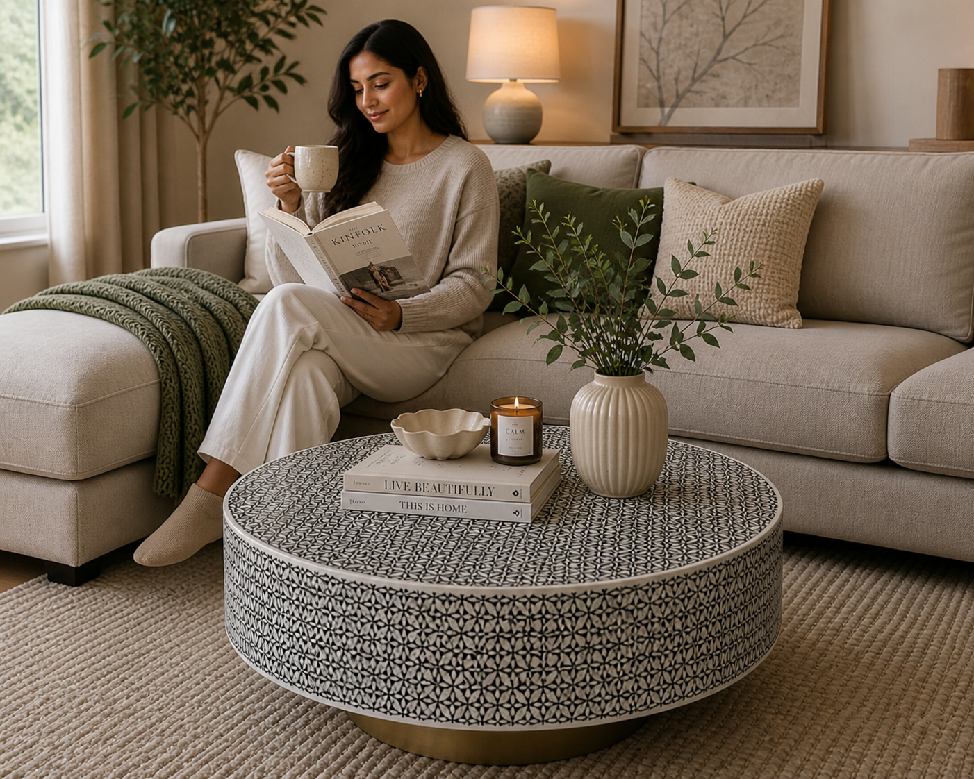 Handmade Bone Inlay Round Coffee Table Black White Micro Floral Geometric Pattern Luxury Center Table