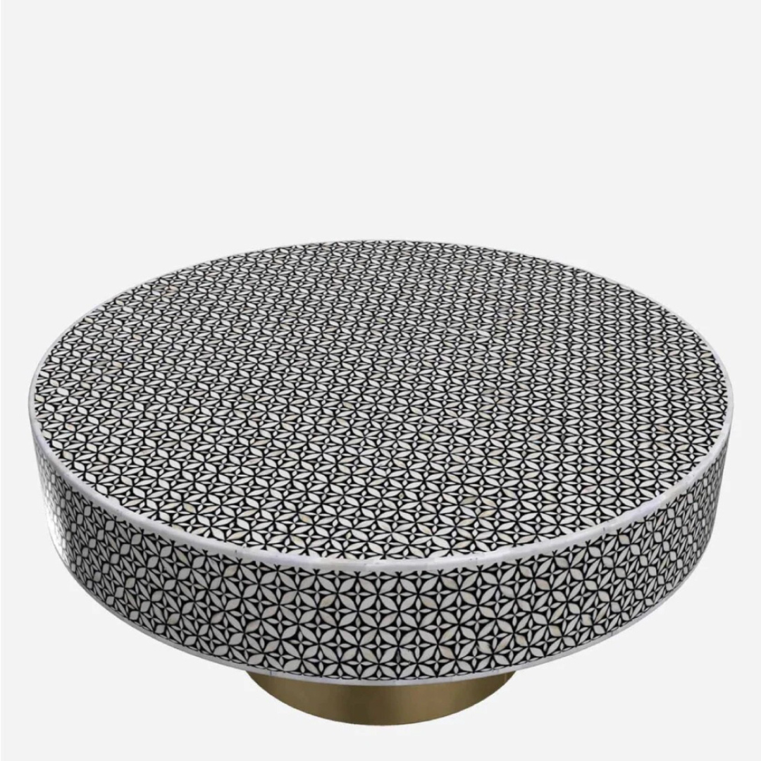 Handmade Bone Inlay Round Coffee Table Black White Micro Floral Geometric Pattern Luxury Center Table