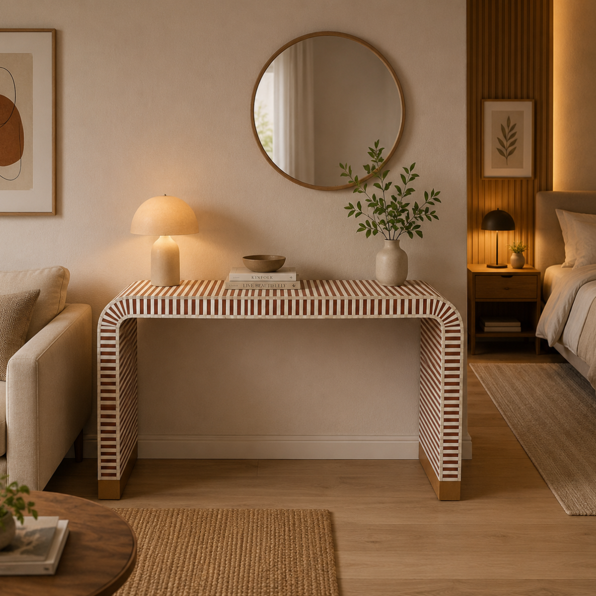 Handmade Stripe Bone Inlay Console Table | Modern Entryway Console Desk
