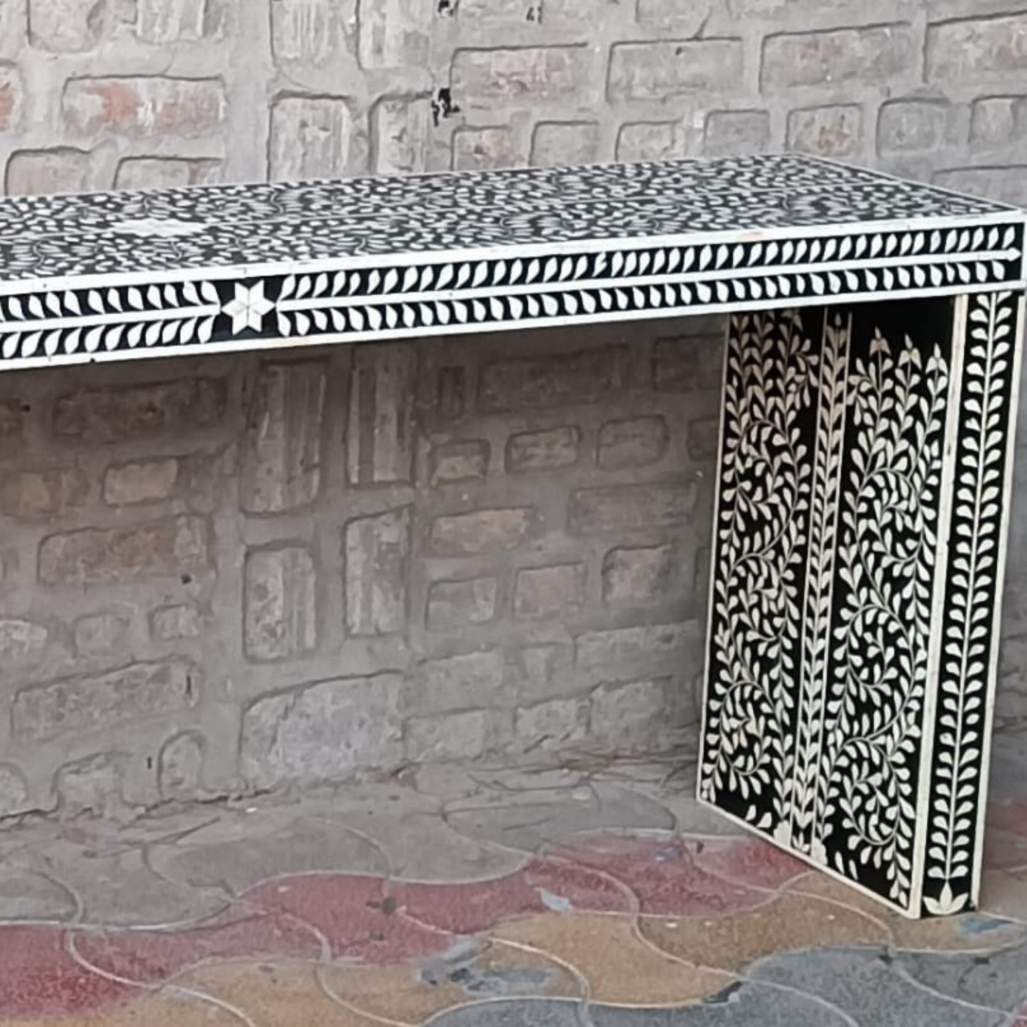 Handmade Black Bone Inlay Floral Waterfall Console Table | Luxury Entryway Console Table | Modern Hallway Furniture