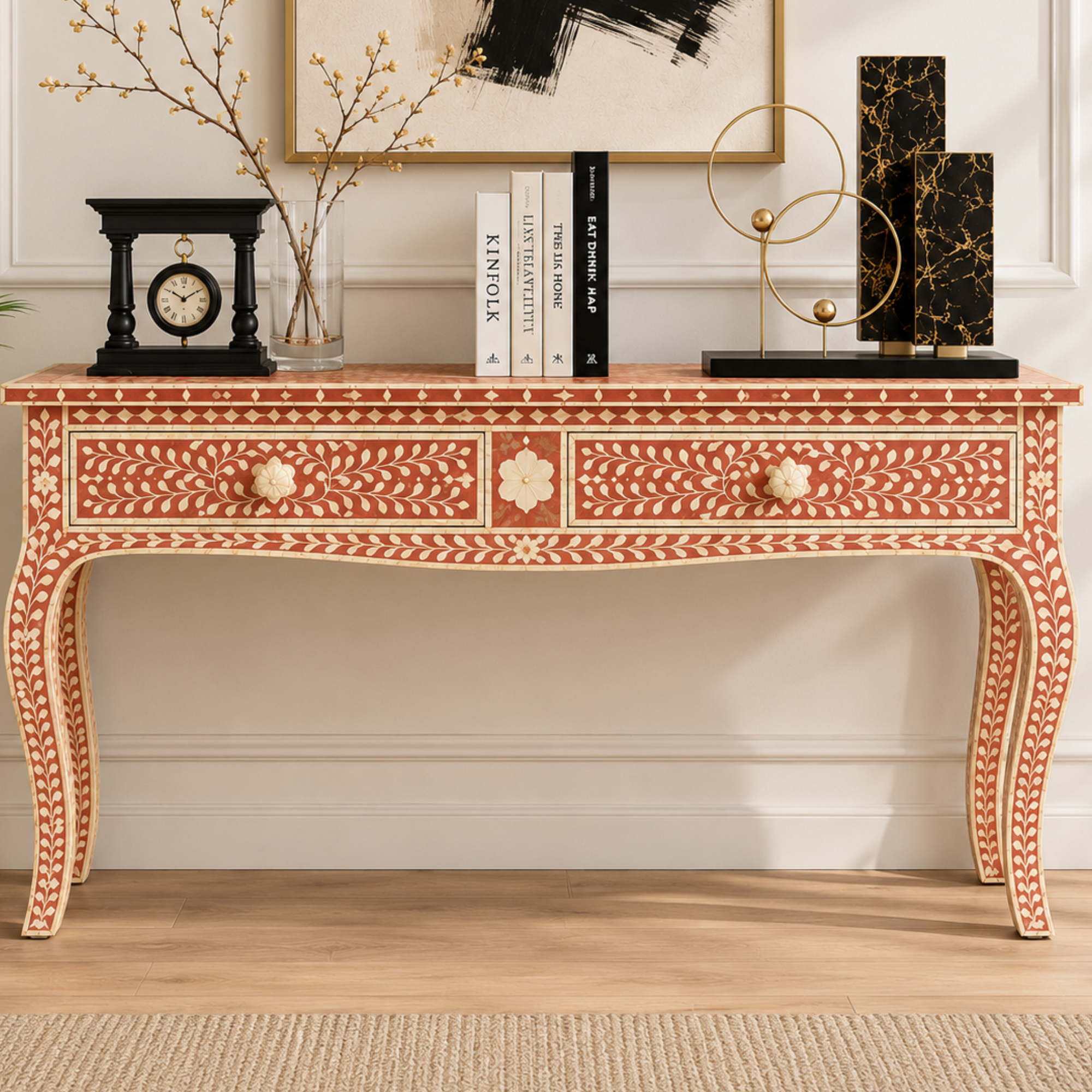Handmade Pink Bone Inlay Floral Console Table | Luxury Entryway Table with Drawers | Decorative Hallway Furniture