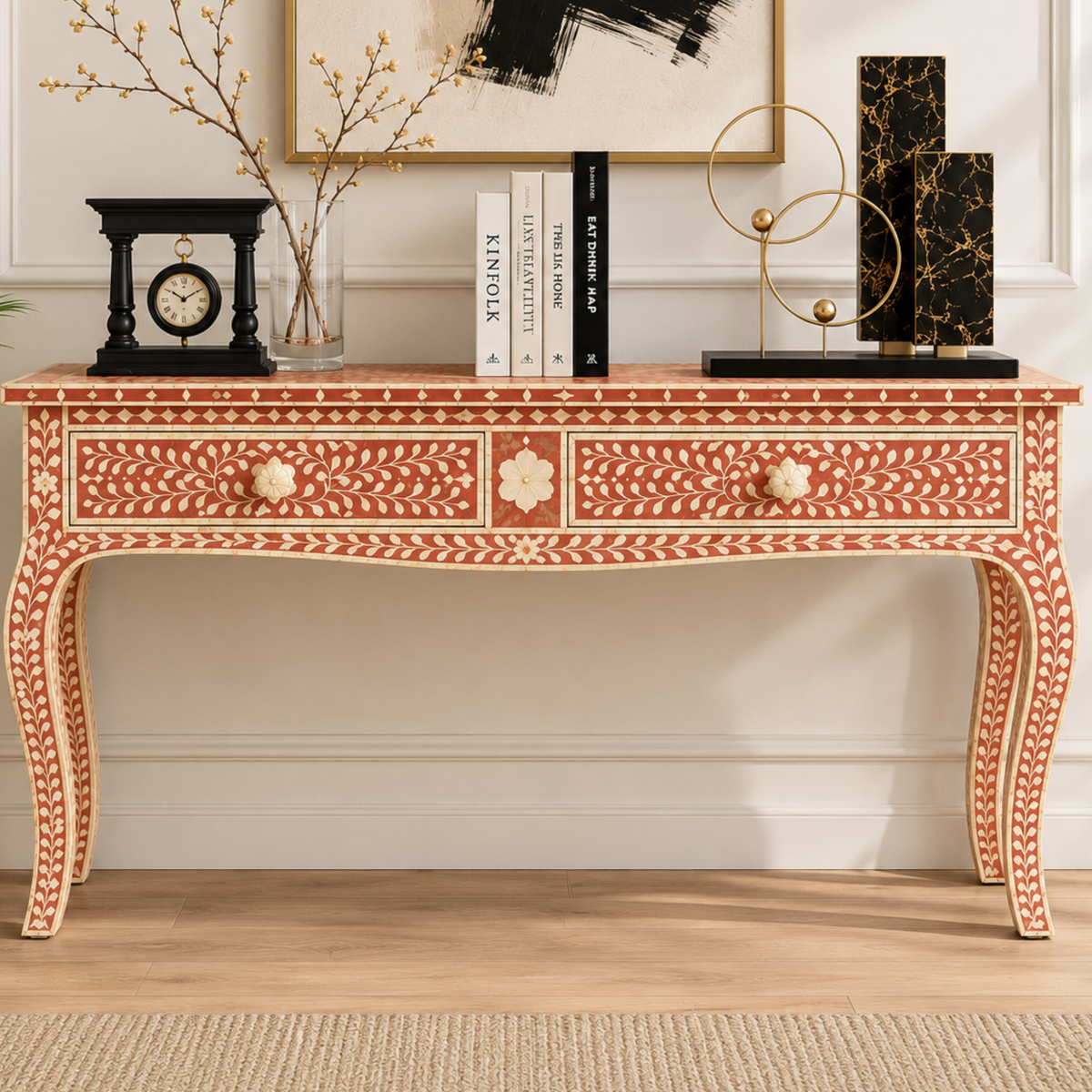 Handmade Terracotta & White Bone Inlay Console Table – Floral 2 Drawer Entryway Table