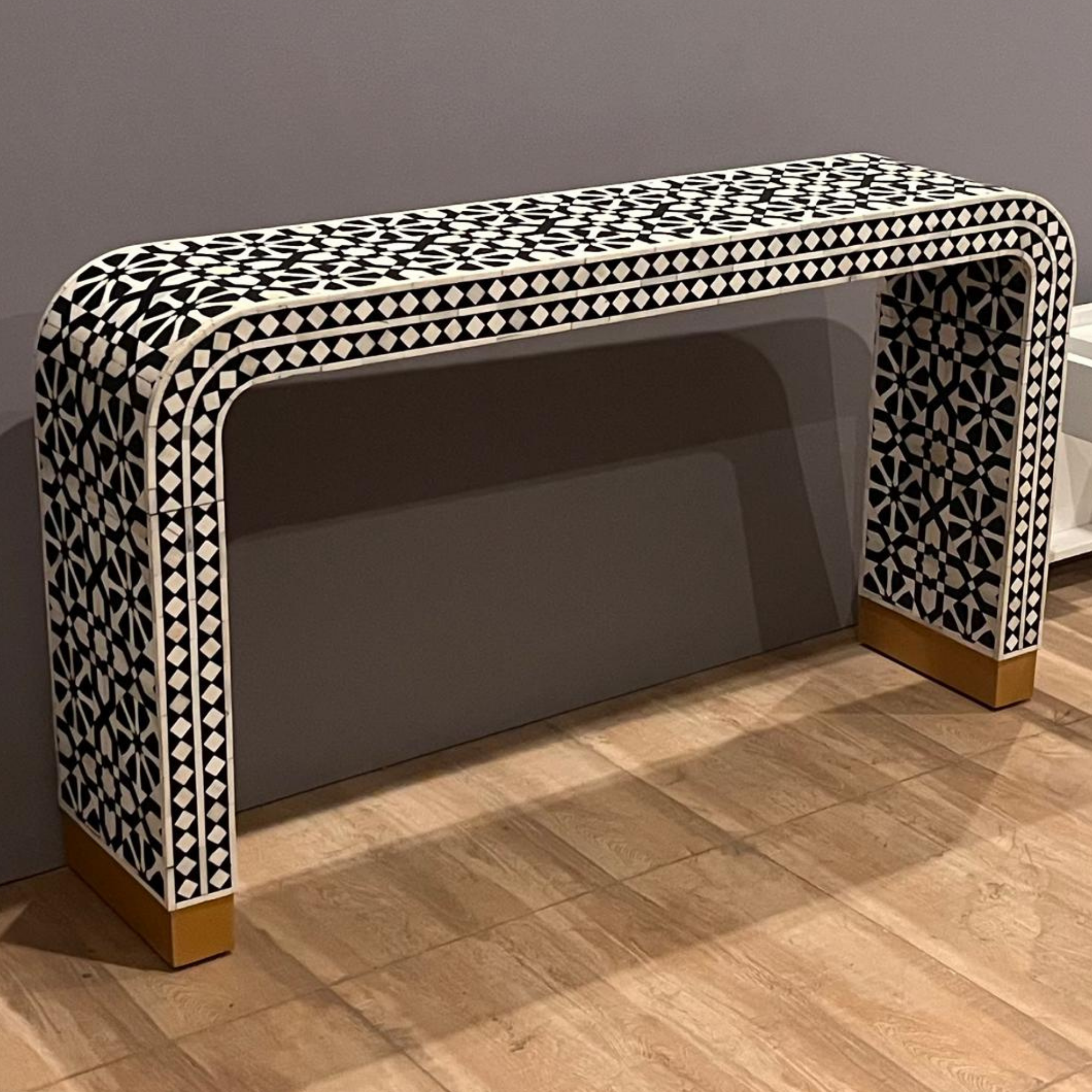 Handmade Black Bone Inlay Geometric Console Table | Modern Moroccan Console Table | Luxury Entryway Furniture