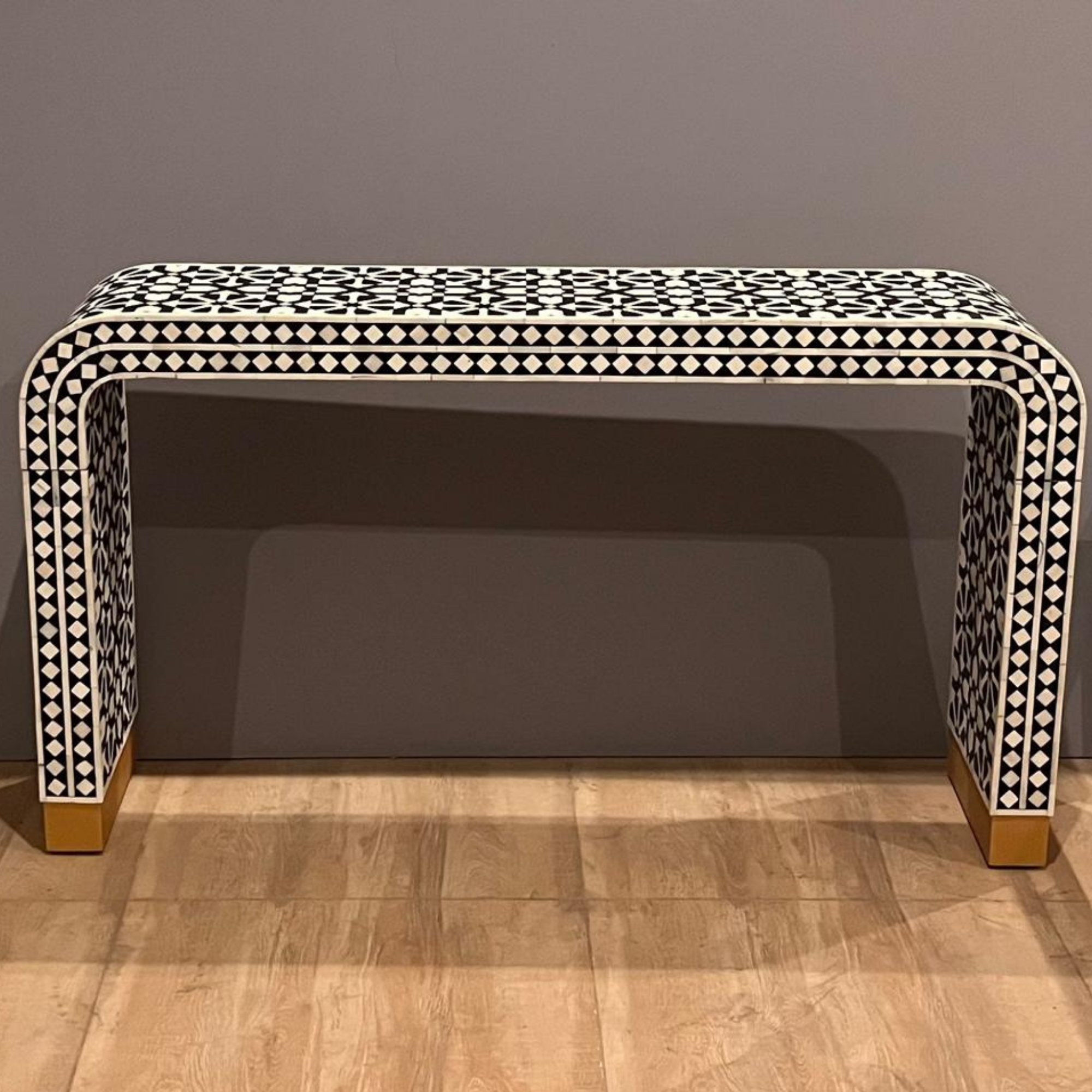 Handmade Black Bone Inlay Geometric Console Table | Modern Moroccan Console Table | Luxury Entryway Furniture
