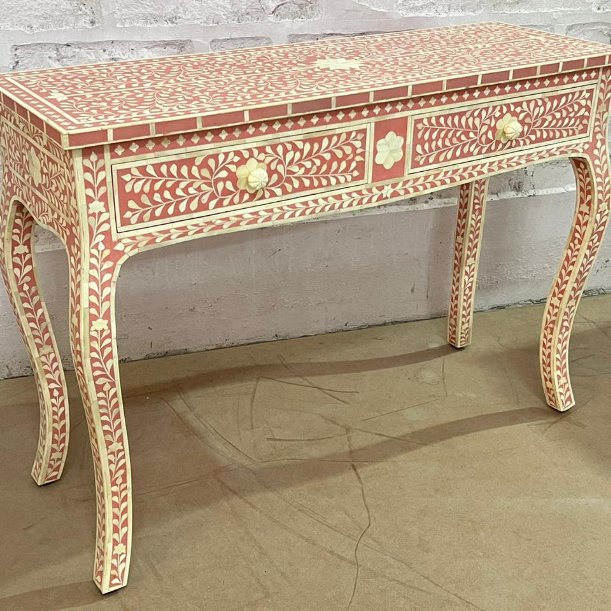 Handmade Pink Bone Inlay Floral Console Table | Luxury Entryway Table with Drawers | Decorative Hallway Furniture