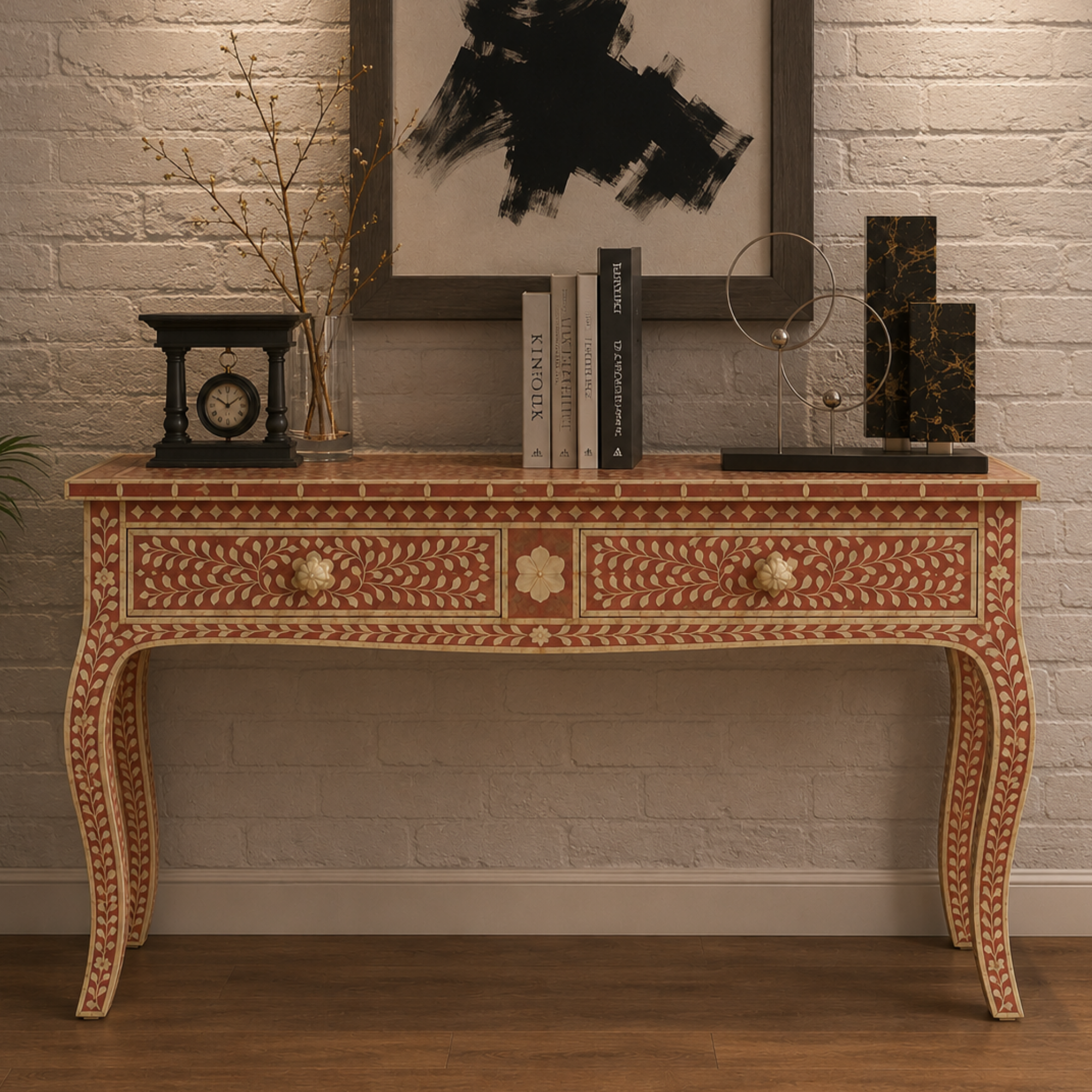 Handmade Pink Bone Inlay Floral Console Table | Luxury Entryway Table with Drawers | Decorative Hallway Furniture