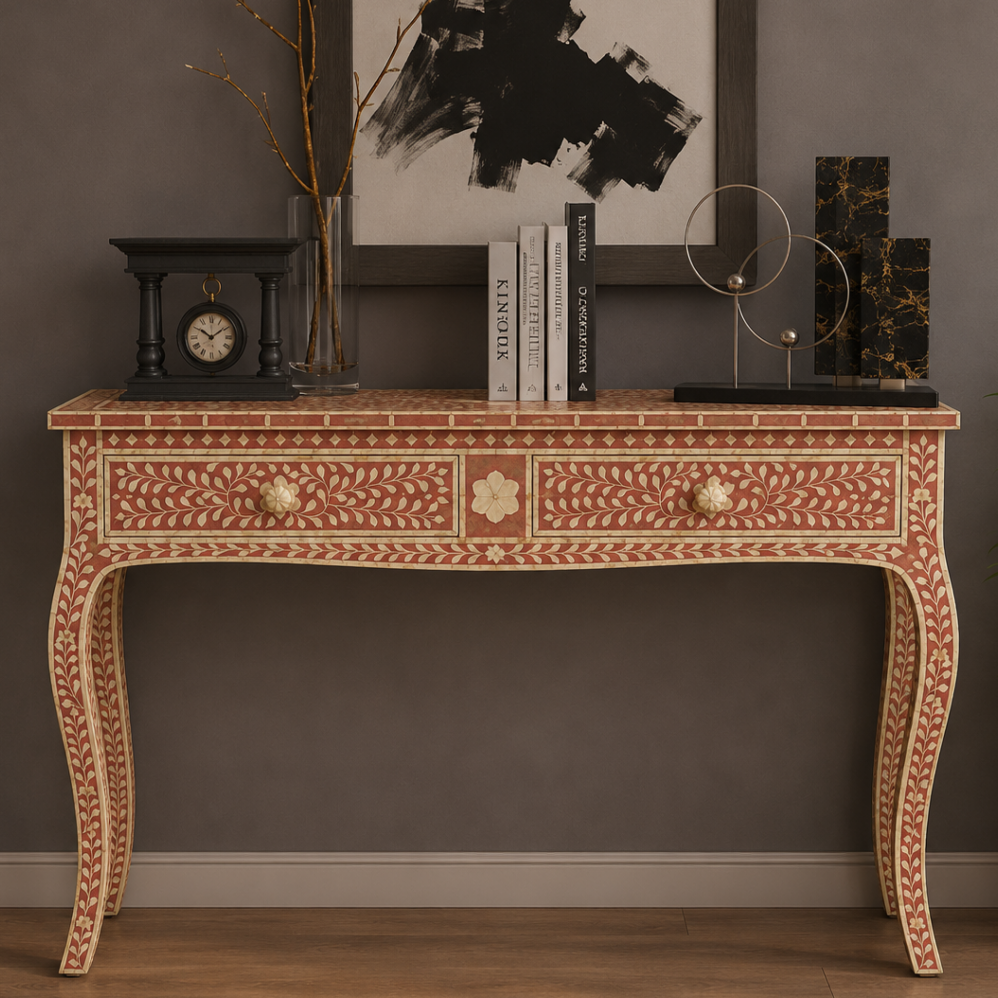 Handmade Pink Bone Inlay Floral Console Table | Luxury Entryway Table with Drawers | Decorative Hallway Furniture
