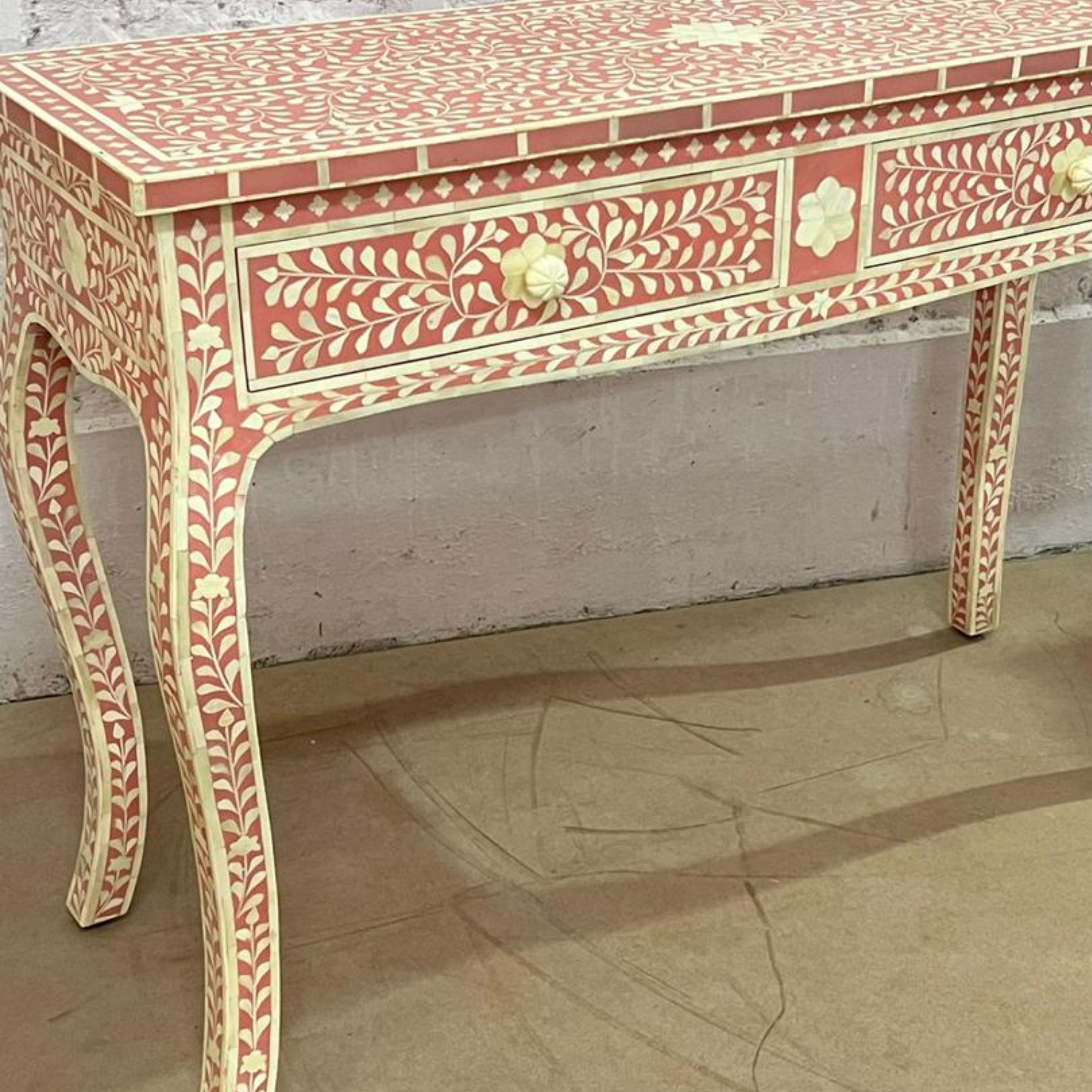 Handmade Pink Bone Inlay Floral Console Table | Luxury Entryway Table with Drawers | Decorative Hallway Furniture