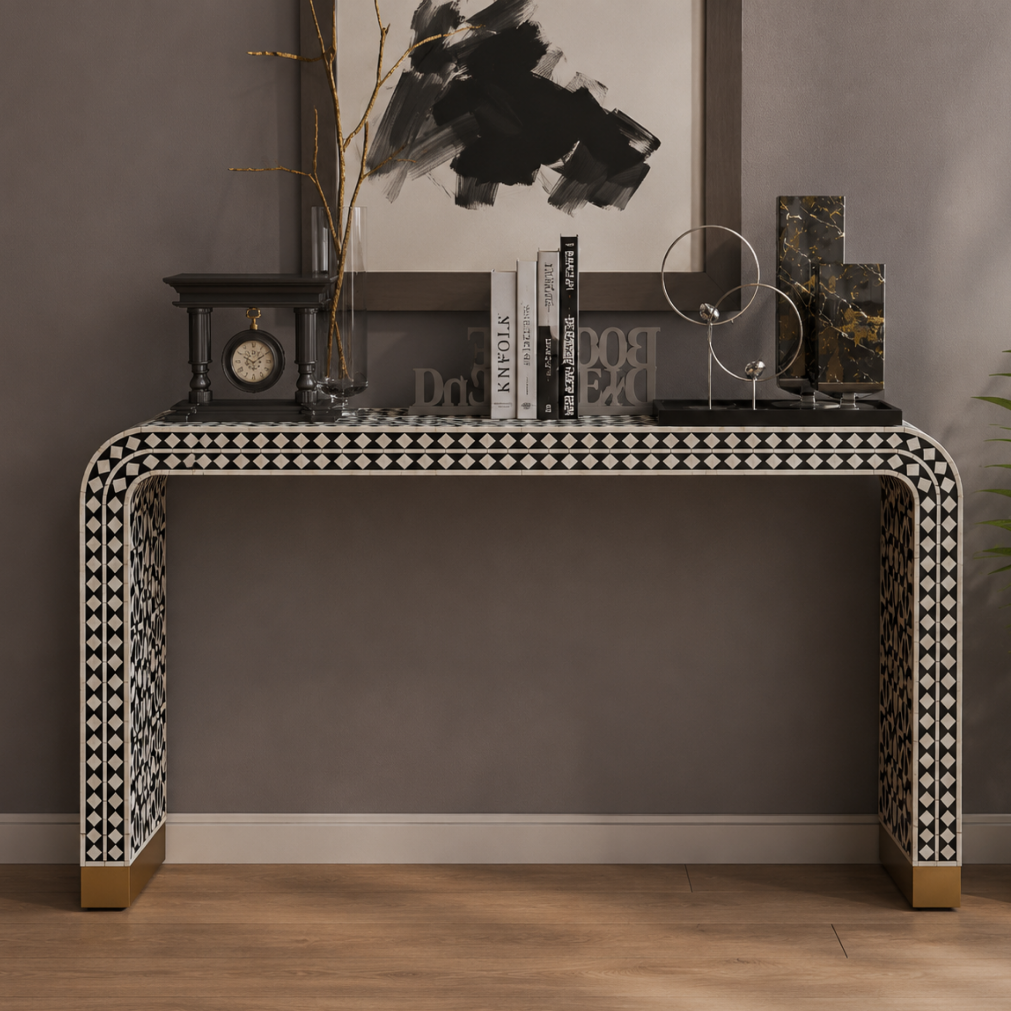 Handmade Black Bone Inlay Geometric Console Table | Modern Moroccan Console Table | Luxury Entryway Furniture