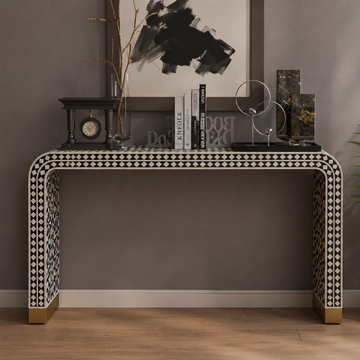 Handmade Black Bone Inlay Geometric Console Table | Modern Moroccan Console Table | Luxury Entryway Furniture