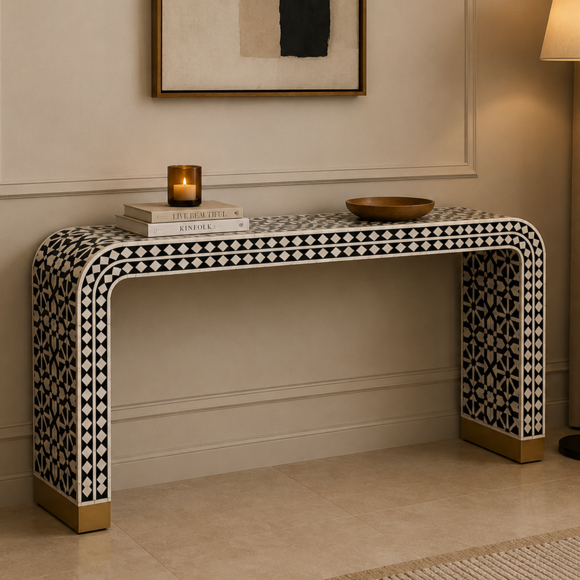 Handmade Black Bone Inlay Geometric Console Table | Modern Moroccan Console Table | Luxury Entryway Furniture