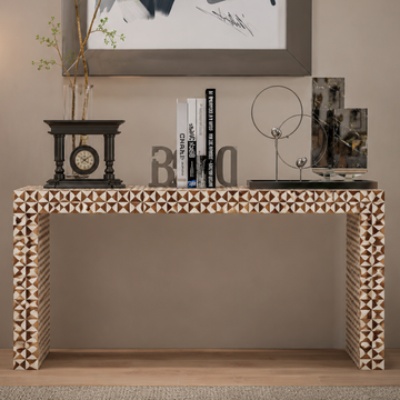 Handmade Bone Inlay Geometric Console Table | Natural Wood & Bone Waterfall Console Table | Modern Entryway Furniture